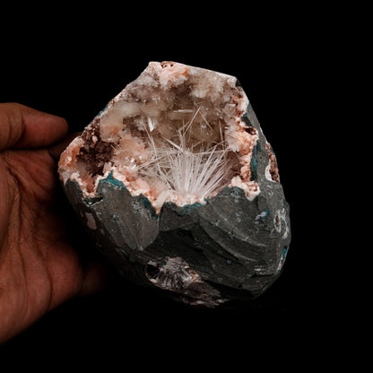 Scolecite Inside Heulandite Geode Natural Mineral Specimen # B 5156  https://www.superbminerals.us/products/scolecite-inside-heulandite-geode-natural-mineral-specimen-b-5156  Features: A big, free-standing Geode bordered with peach-colored Heulandite crystals and including two clusters of beige Stilbite crystals.&nbsp; The Geode is a three-dimensional object that is tall, thin, and deep. Very attractive and in great condition. Primary Mineral(s): Scoecite Secondary Mineral(s):