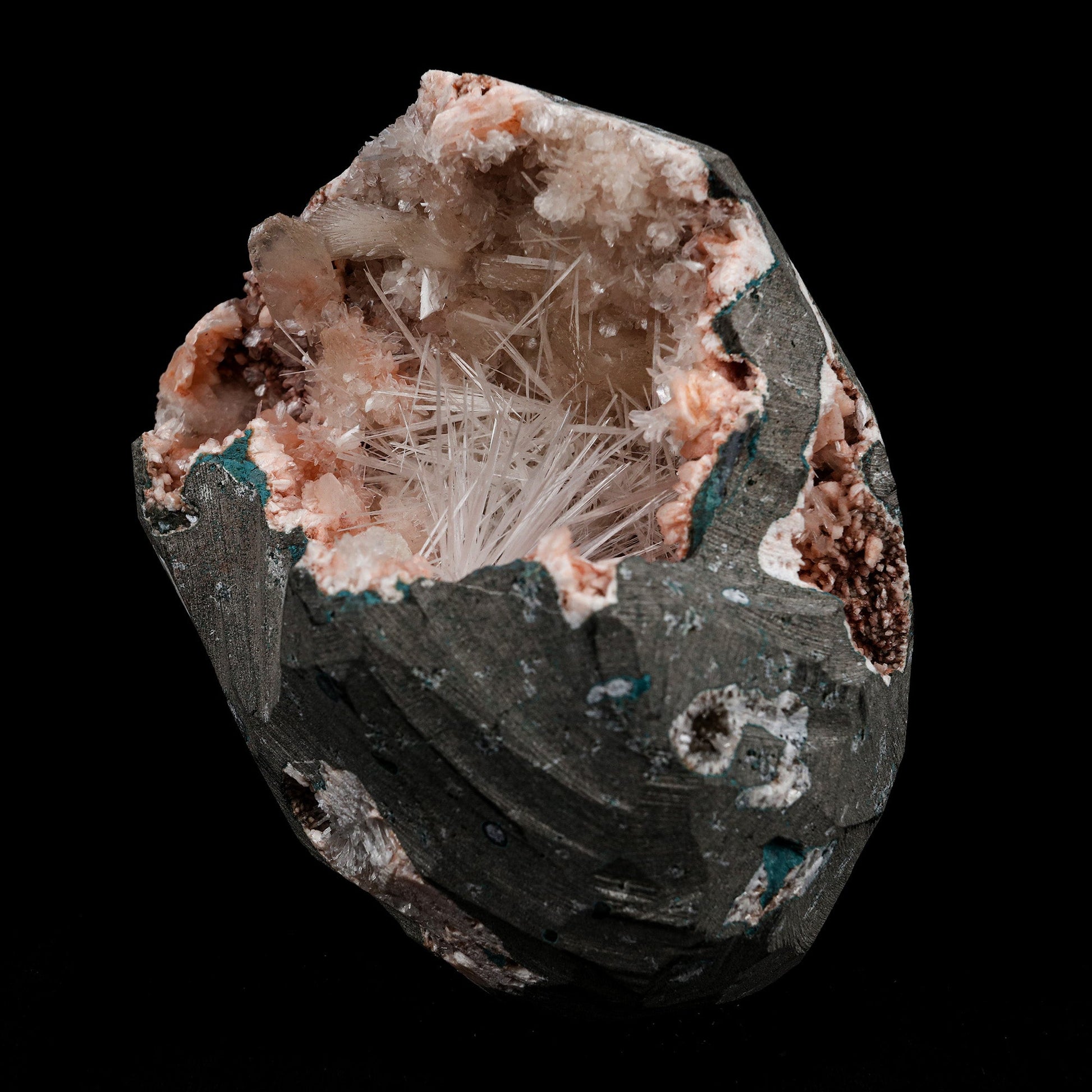 Scolecite Inside Heulandite Geode Natural Mineral Specimen # B 5156  https://www.superbminerals.us/products/scolecite-inside-heulandite-geode-natural-mineral-specimen-b-5156  Features: A big, free-standing Geode bordered with peach-colored Heulandite crystals and including two clusters of beige Stilbite crystals.&nbsp; The Geode is a three-dimensional object that is tall, thin, and deep. Very attractive and in great condition. Primary Mineral(s): Scoecite Secondary Mineral(s):