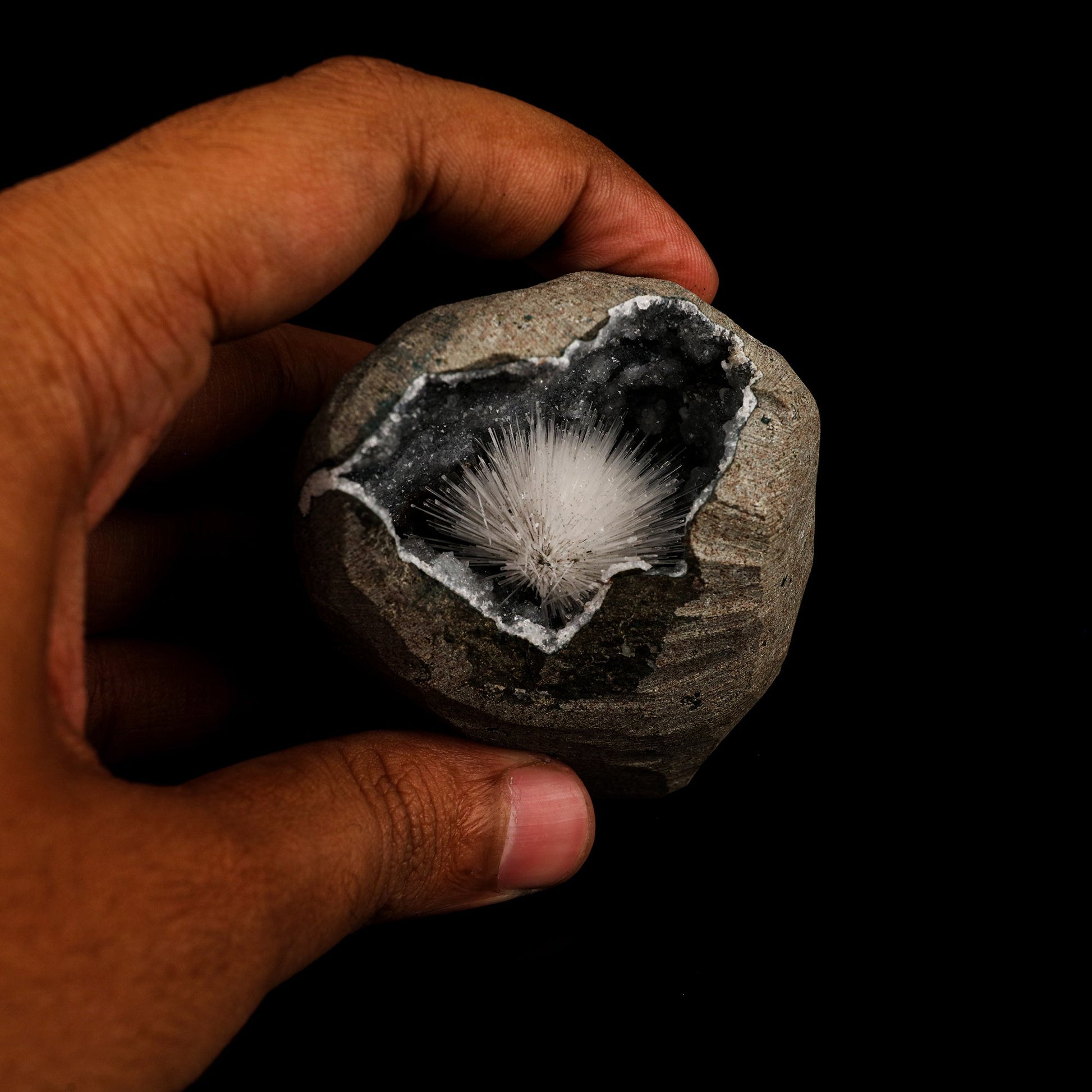 Scolecite Inside MM Quartz Geode Natural Mineral Specimen # B 6166 Scolecite Superb Minerals 