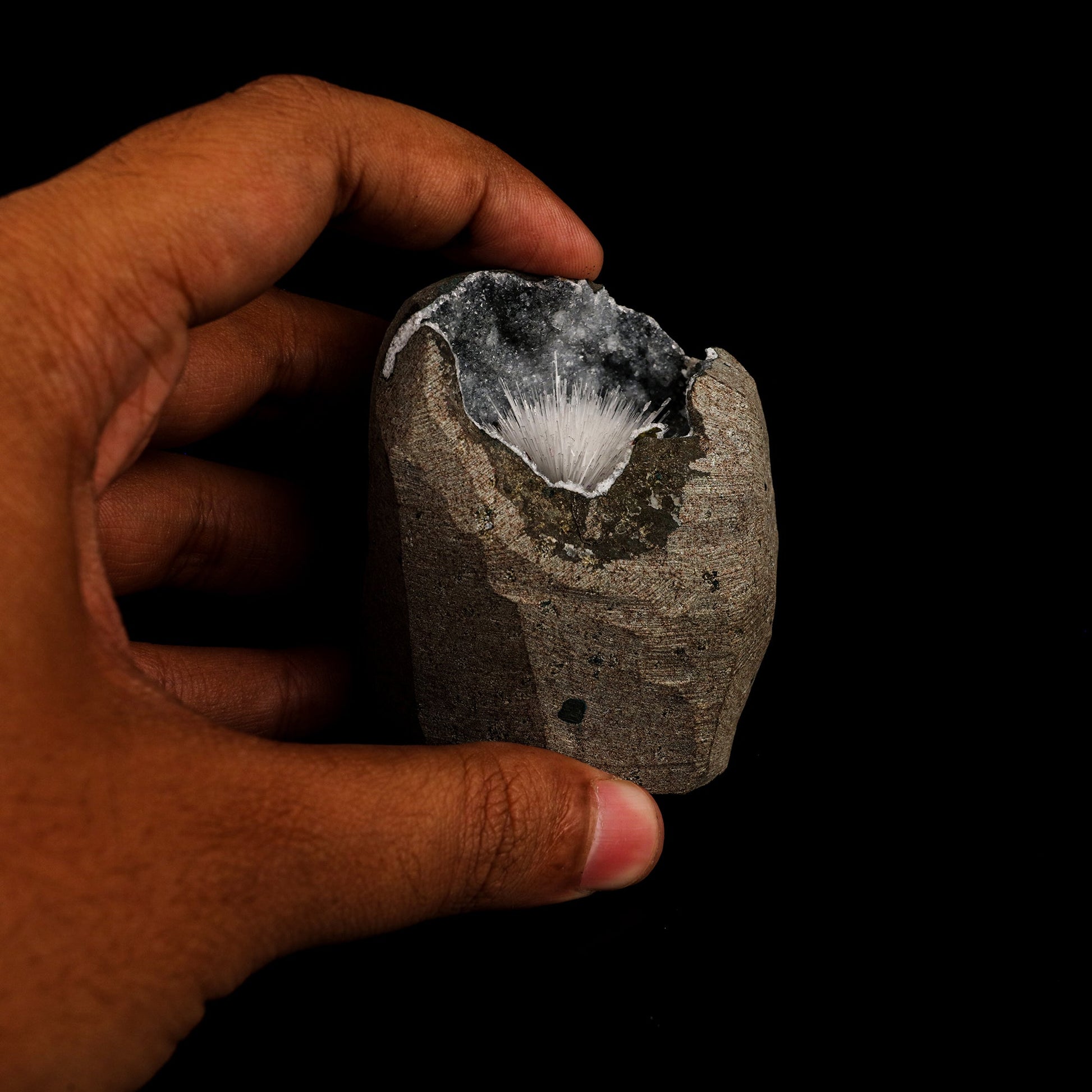 Scolecite Inside MM Quartz Geode Natural Mineral Specimen # B 6166 Scolecite Superb Minerals 