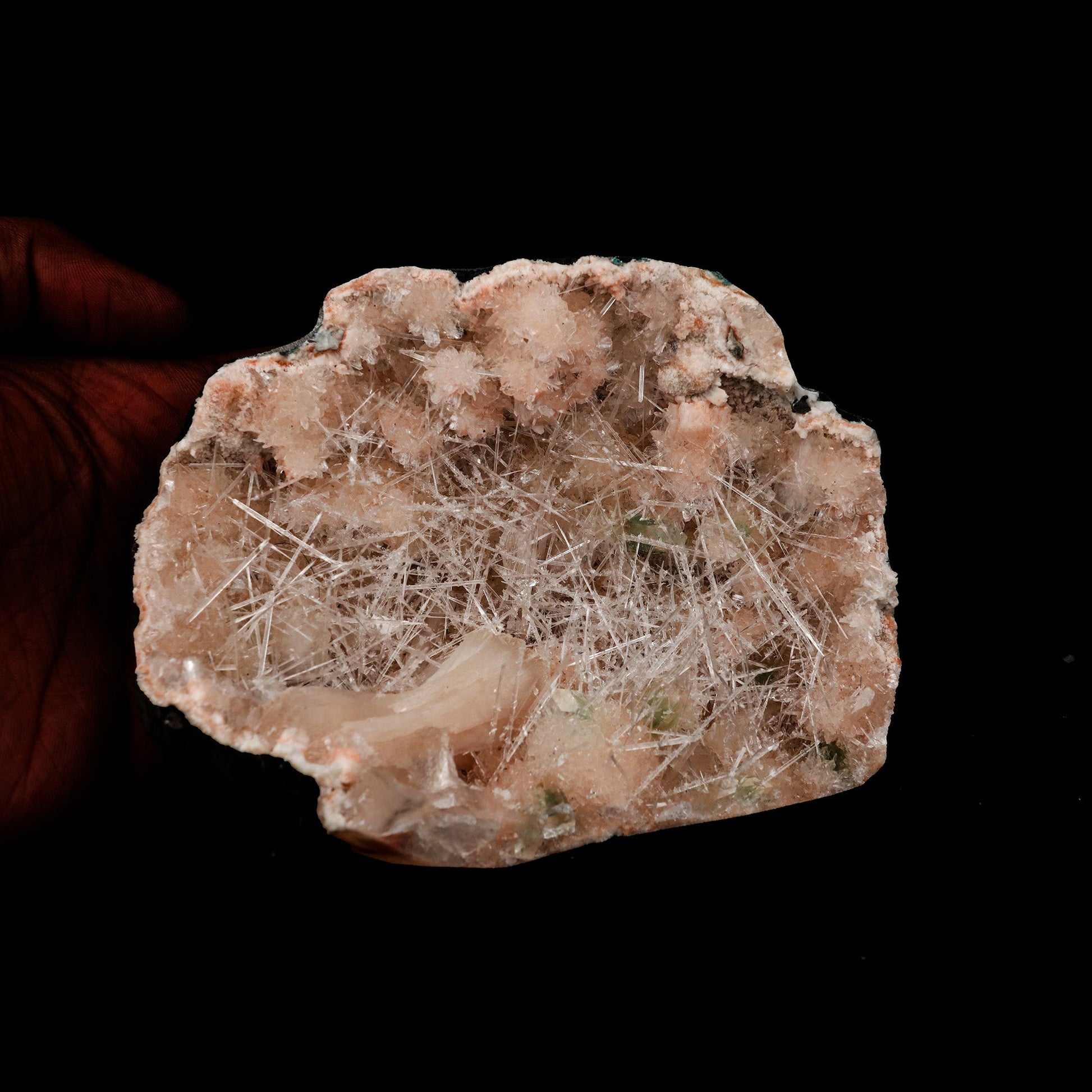 Scolecite Mesh Formation On Stilbite, Heulandite Natural Mineral Speci…  https://www.superbminerals.us/products/scolecite-mesh-formation-on-stilbite-heulandite-natural-mineral-specimen-b-5258  Features: Scholecite crystals are interspersed throughout a very large Geode which is lined with beige Heulandite crystals. The sprays of Scolecite crystals are glossy, colourless, highly translucent, acicular (needle-like) in shape. 
