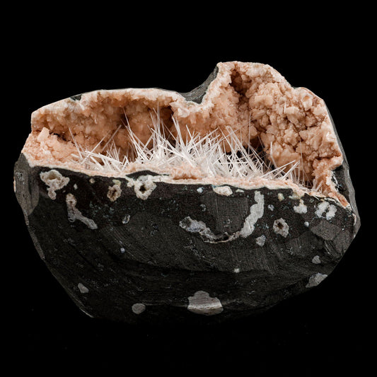 Scolecite Needles Sprays Inside Heulandite Geode Natural Mineral Speci…  https://www.superbminerals.us/products/scolecite-needles-sprays-inside-heulandite-geode-natural-mineral-specimen-b-4960  Features:A striking spray of scolecite blades is aesthetically set on the large matrix on this impressive and sculptural combination from recent finds at Nashik. The glassy, lustrous blades reach about and rest on contrasting pearlescent pretty orange Heulandite geode, accessory and contrast.