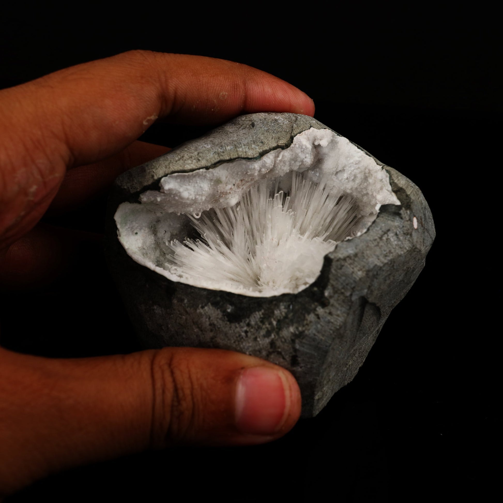 Scolecite Spray Inside Chalcedony Geode Natural Mineral Specimen # B 5636 Scolecite Superb Minerals 