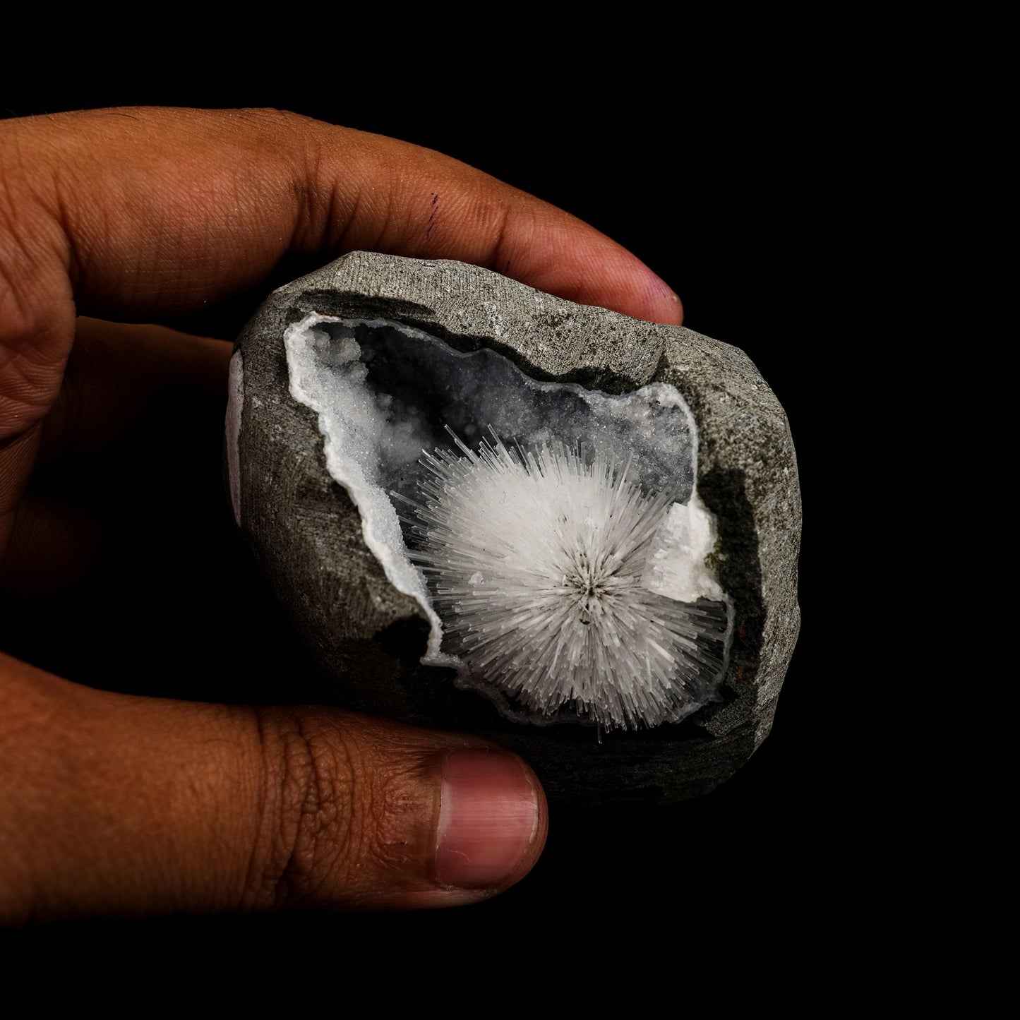 Scolecite Spray Inside Chalcedony Geode Natural Mineral Specimen # B 6068 Scolecite Superb Minerals 