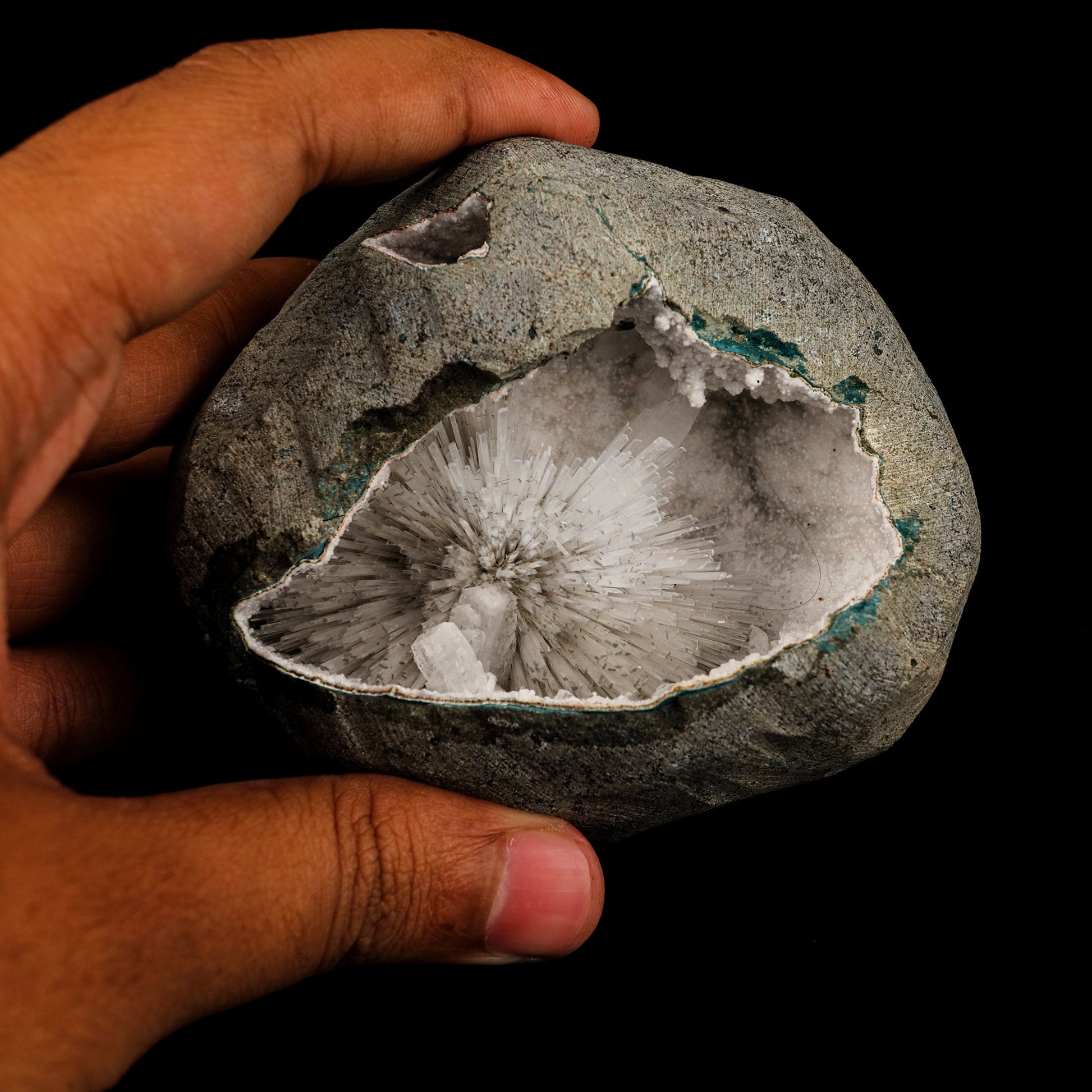 Scolecite Spray Inside Chalcedony Geode Natural Mineral Specimen # B 6165 Scolecite Superb Minerals 
