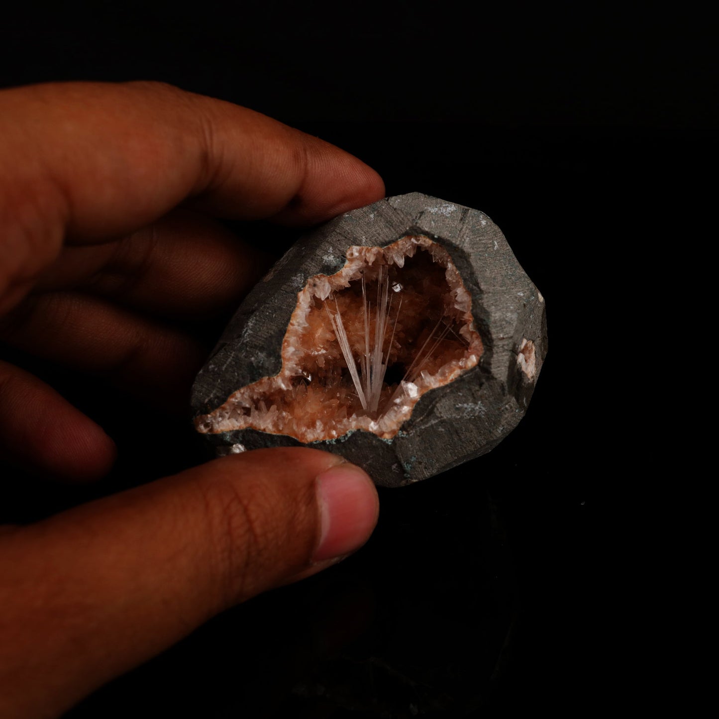 Scolecite Spray inside Heulandite geode Natural Mineral Specimen # B 5499 Scolecite Superb Minerals 