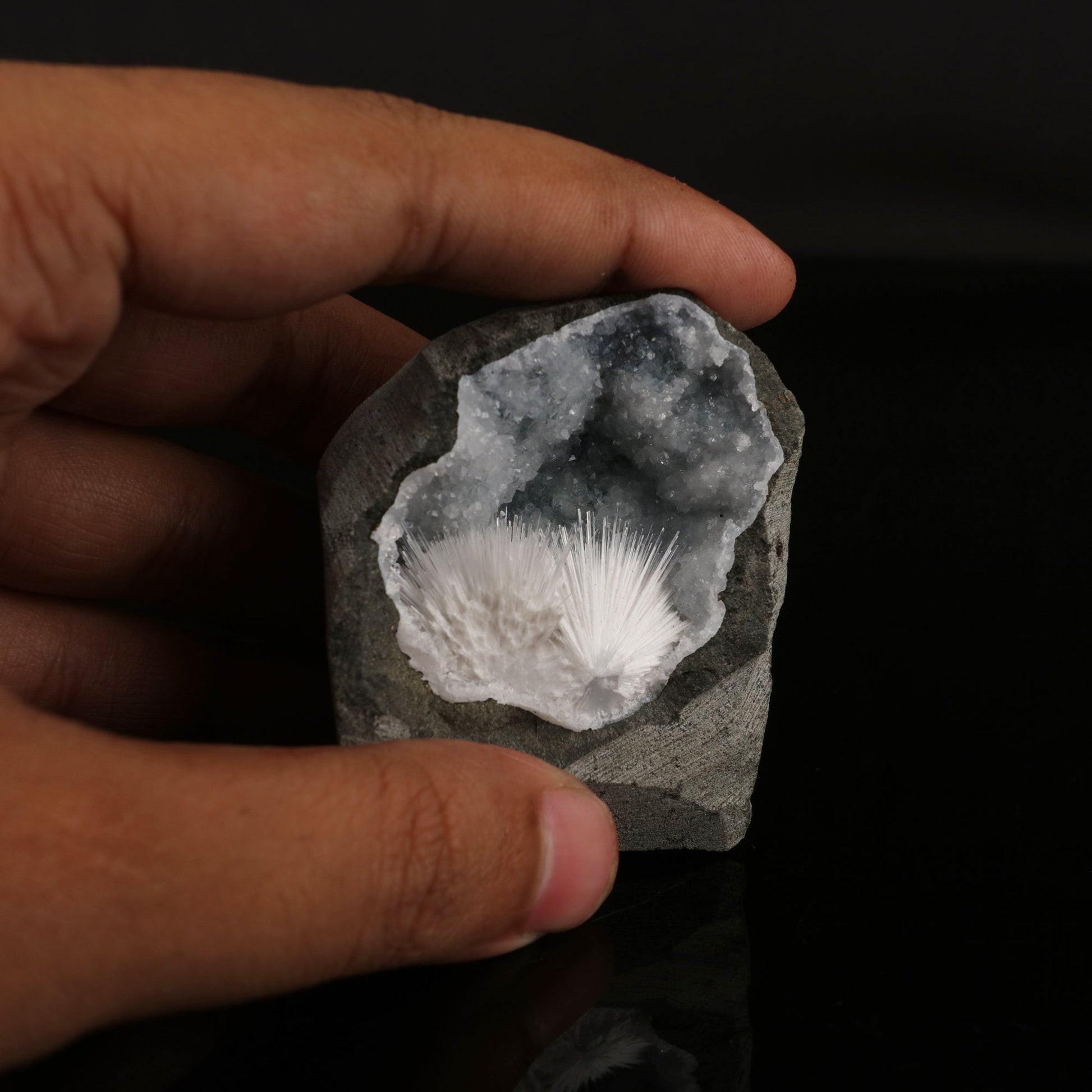 Scolecite Spray Inside MM Quartz Geode Natural Mineral Specimen # B 5921 Scolecite Superb Minerals 
