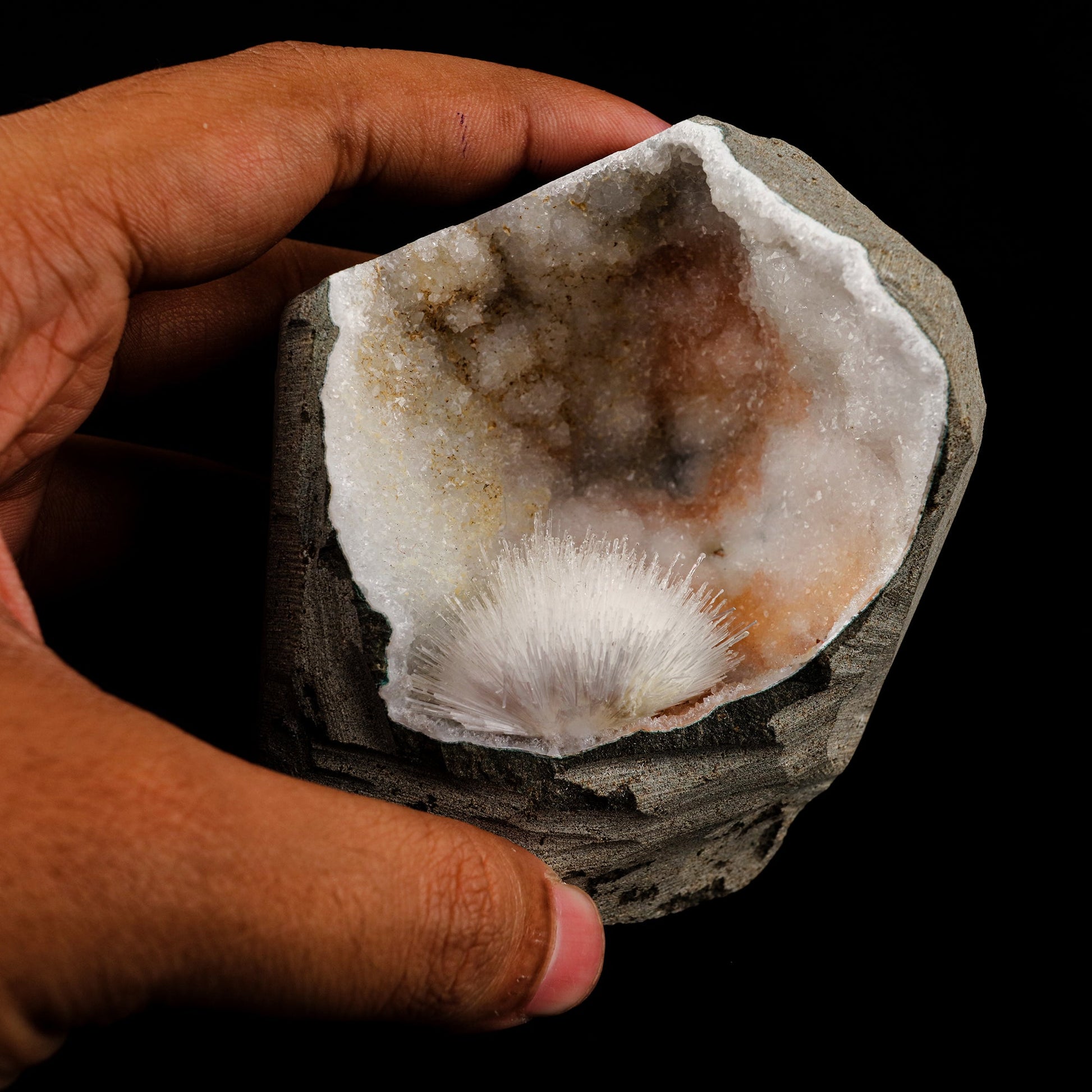 Scolecite Spray Inside MM Quartz Geode Natural Mineral Specimen # B 6078 Scolecite Superb Minerals 