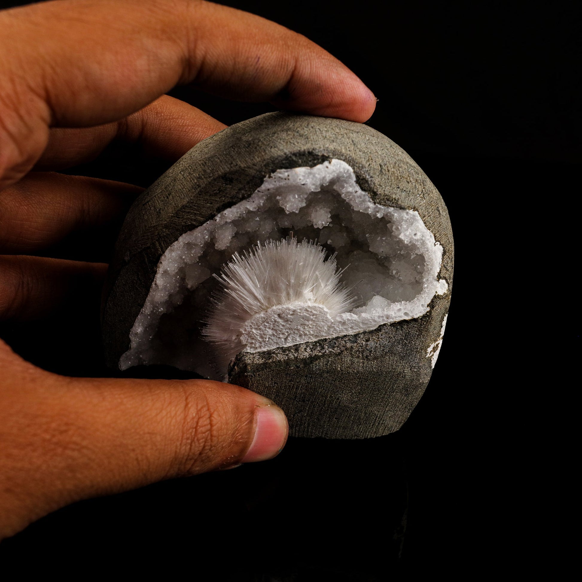 Scolecite Spray Inside MM Quartz Geode Natural Mineral Specimen # B 6087 Scolecite Superb Minerals 