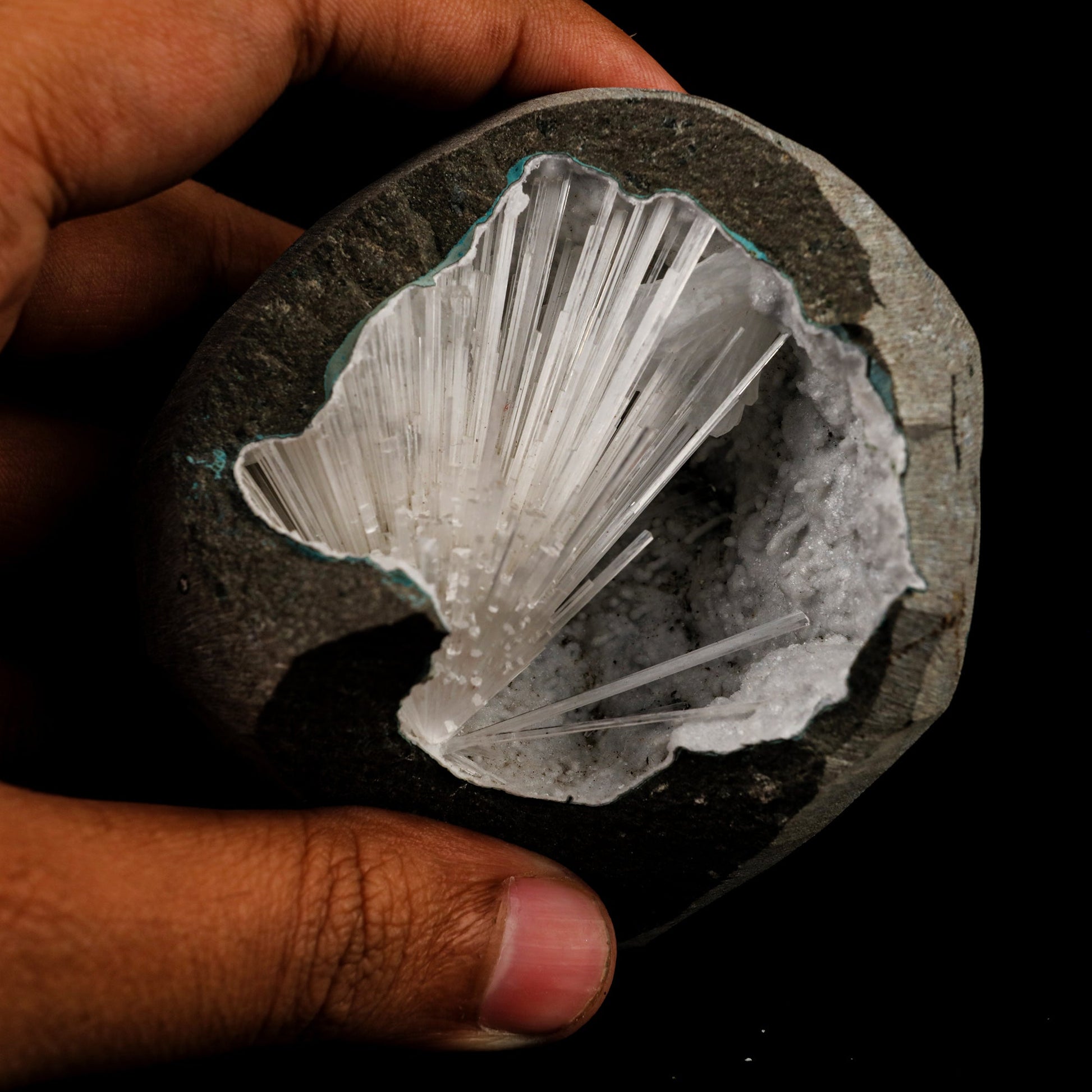 Scolecite Spray Inside MM Quartz Geode Natural Mineral Specimen # B 6410 Scolecite Superb Minerals 