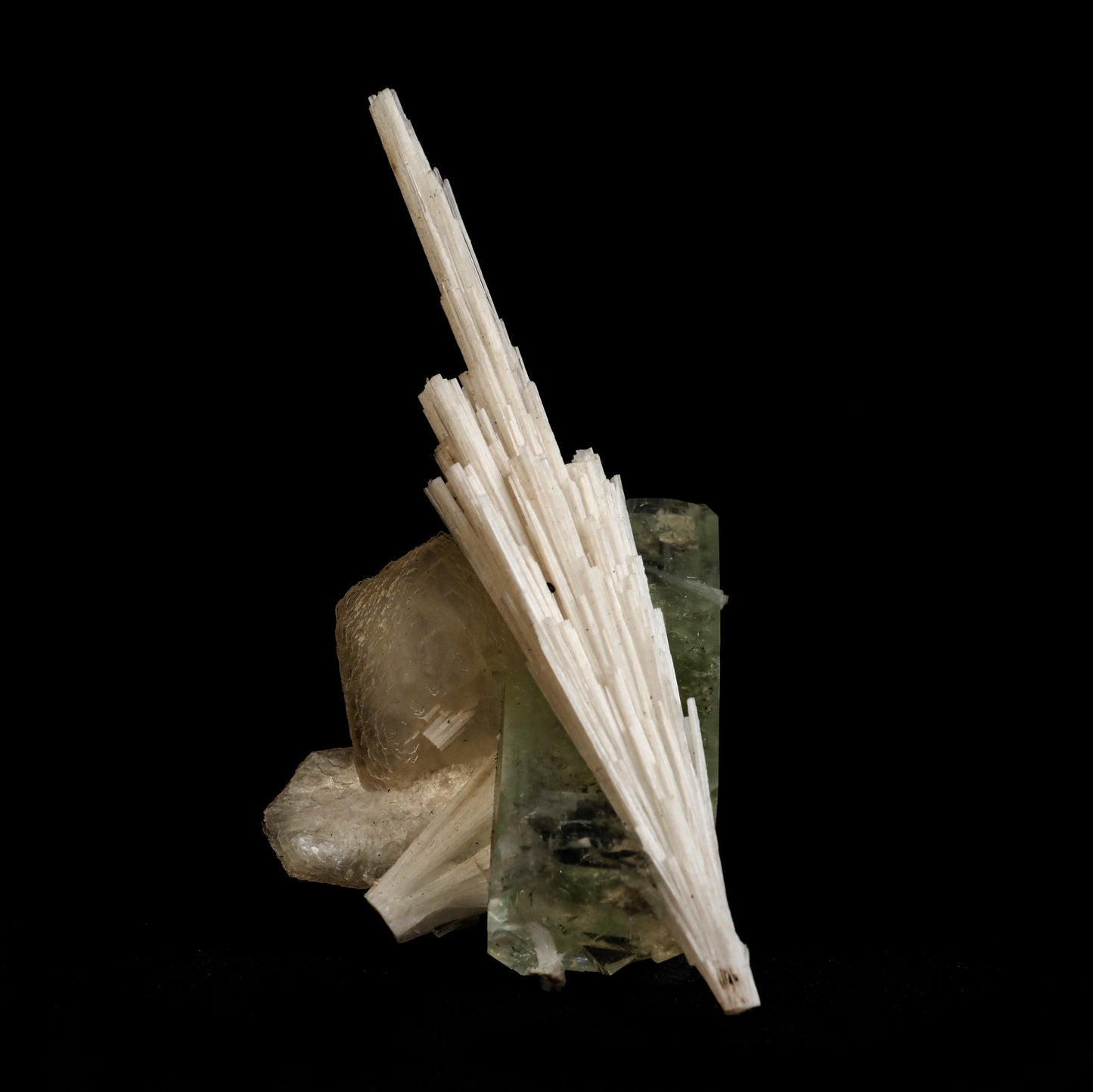 Scolecite Spray on Green Apophyllite with Stilbite Natural Mineral Spe…  https://www.superbminerals.us/products/scolecite-spray-on-green-apophyllite-with-stilbite-natural-mineral-specimen-b-5044  Features: A very large, tapered spray of elongated colorless Scolecite crystals. There is a small remnant of matrix attached with a small Stilbite crystal & light green apophyllite crystals. The Scolecite crystals are glassy and highly translucent with transparent terminations. A beautiful specimen in excellent 