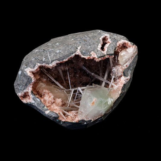 Scolecite Spray with Apophyllite Inside Heulandite Geode Natural Miner…  https://www.superbminerals.us/products/scolecite-spray-with-apophyllite-inside-heulandite-geode-natural-mineral-specimen-b-5280  Features: Transparent green Apophyllite crystals with elongated lustrous transparent colorless Scolecite sprays. The Scolecite crystallized a second generation of smaller Apophyllite crystals. Primary Mineral(s): Scolecite Secondary Mineral(s): ApophylliteMatrix: Heulandite 4 Inch x 3 InchWeight : 629 Gms