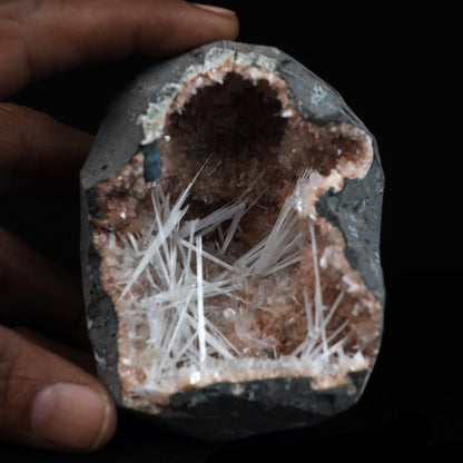 Scolecite Sprays Inside Heulandite Geode Natural Mineral Specimen # B…  https://www.superbminerals.us/products/scolecite-sprays-inside-heulandite-geode-natural-mineral-specimen-b-4908  Features: Scolecite crystals are interspersed throughout a very large Geode that is lined with beige Heulandite crystals. The sprays of Scolecite crystals are glossy, colourless, highly translucent, acicular (needle-like) in shape.The crystal creation is a work of art in and of itself. Primary Mineral(s): Scolecite