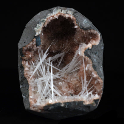 Scolecite Sprays Inside Heulandite Geode Natural Mineral Specimen # B…  https://www.superbminerals.us/products/scolecite-sprays-inside-heulandite-geode-natural-mineral-specimen-b-4908  Features: Scolecite crystals are interspersed throughout a very large Geode that is lined with beige Heulandite crystals. The sprays of Scolecite crystals are glossy, colourless, highly translucent, acicular (needle-like) in shape.The crystal creation is a work of art in and of itself. Primary Mineral(s): Scolecite