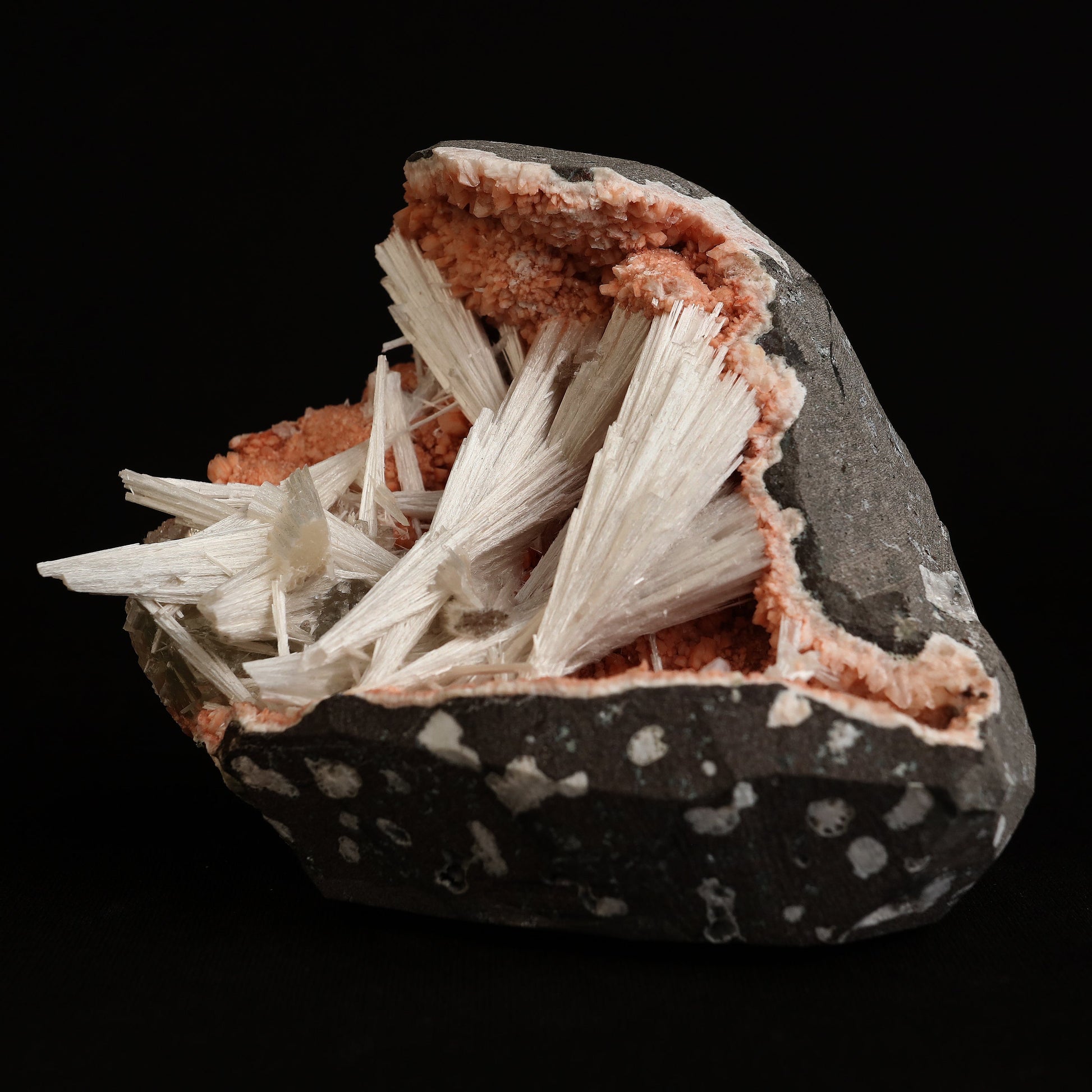 Scolecite Sprays Inside Heulandite Geode Natural Mineral Specimen # B…  https://www.superbminerals.us/products/scolecite-sprays-inside-heulandite-geode-natural-mineral-specimen-b-5034  Features:&nbsp;A big, free-standing Geode bordered with peach-colored Heulandite crystals and including two clusters of beige Stilbite crystals. The Geode is a three-dimensional object that is tall, thin, and deep.Very attractive and in great condition. 