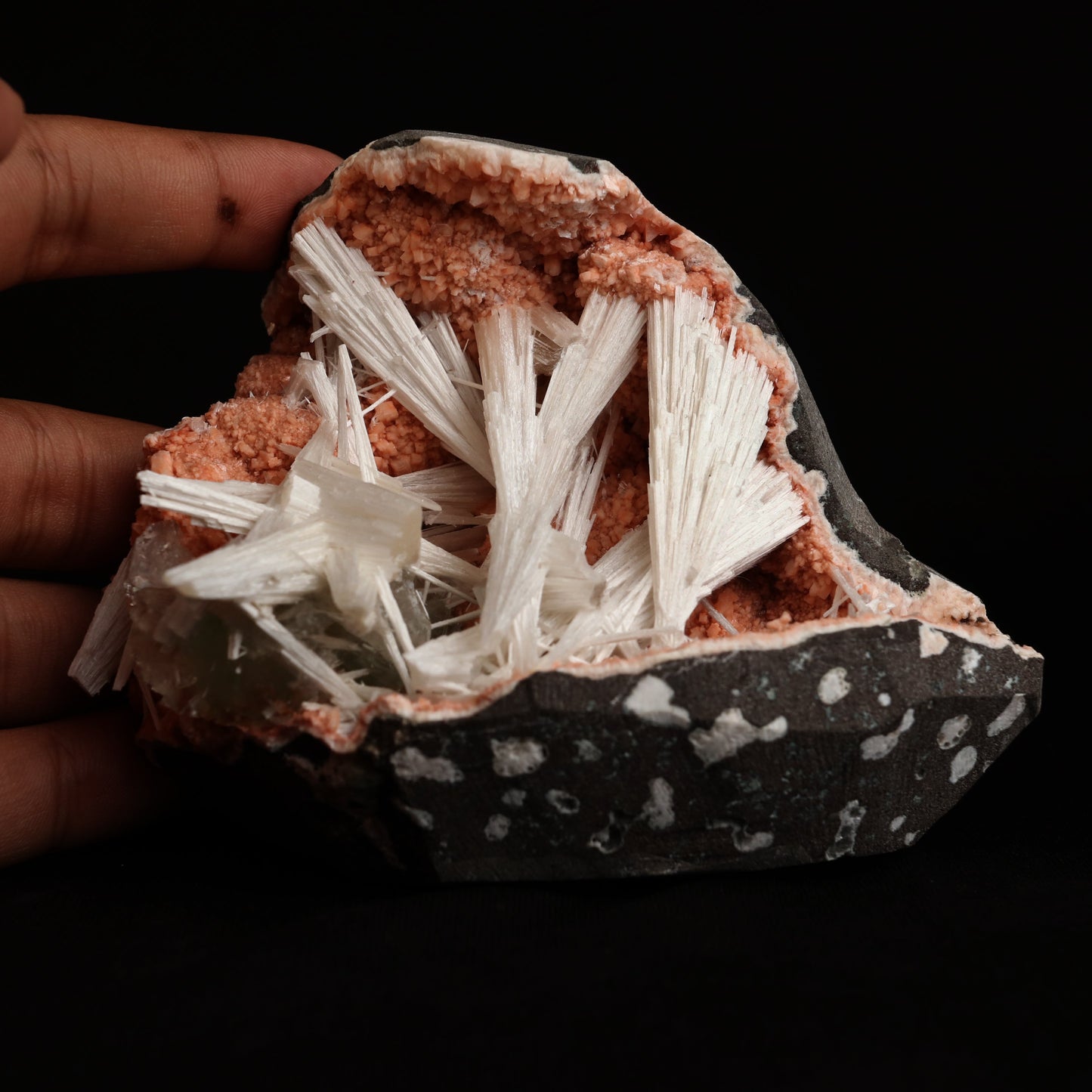 Scolecite Sprays Inside Heulandite Geode Natural Mineral Specimen # B…  https://www.superbminerals.us/products/scolecite-sprays-inside-heulandite-geode-natural-mineral-specimen-b-5034  Features:&nbsp;A big, free-standing Geode bordered with peach-colored Heulandite crystals and including two clusters of beige Stilbite crystals. The Geode is a three-dimensional object that is tall, thin, and deep.Very attractive and in great condition. 