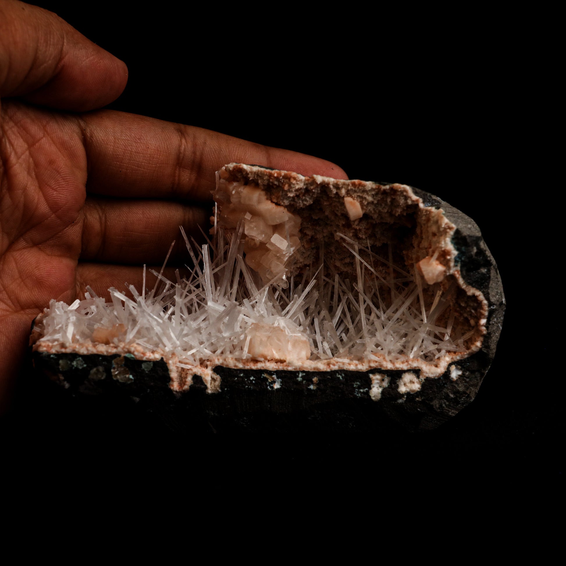 Scolecite Sprays Inside Heulandite Geode Natural Mineral Specimen # B…  https://www.superbminerals.us/products/scolecite-sprays-inside-heulandite-geode-natural-mineral-specimen-b-5059  Features: A big, free-standing Geode bordered with peach-colored Heulandite crystals and including two clusters of beige Stilbite crystals. The Geode is a three-dimensional object that is tall, thin, and deep. Very attractive and in great condition. 