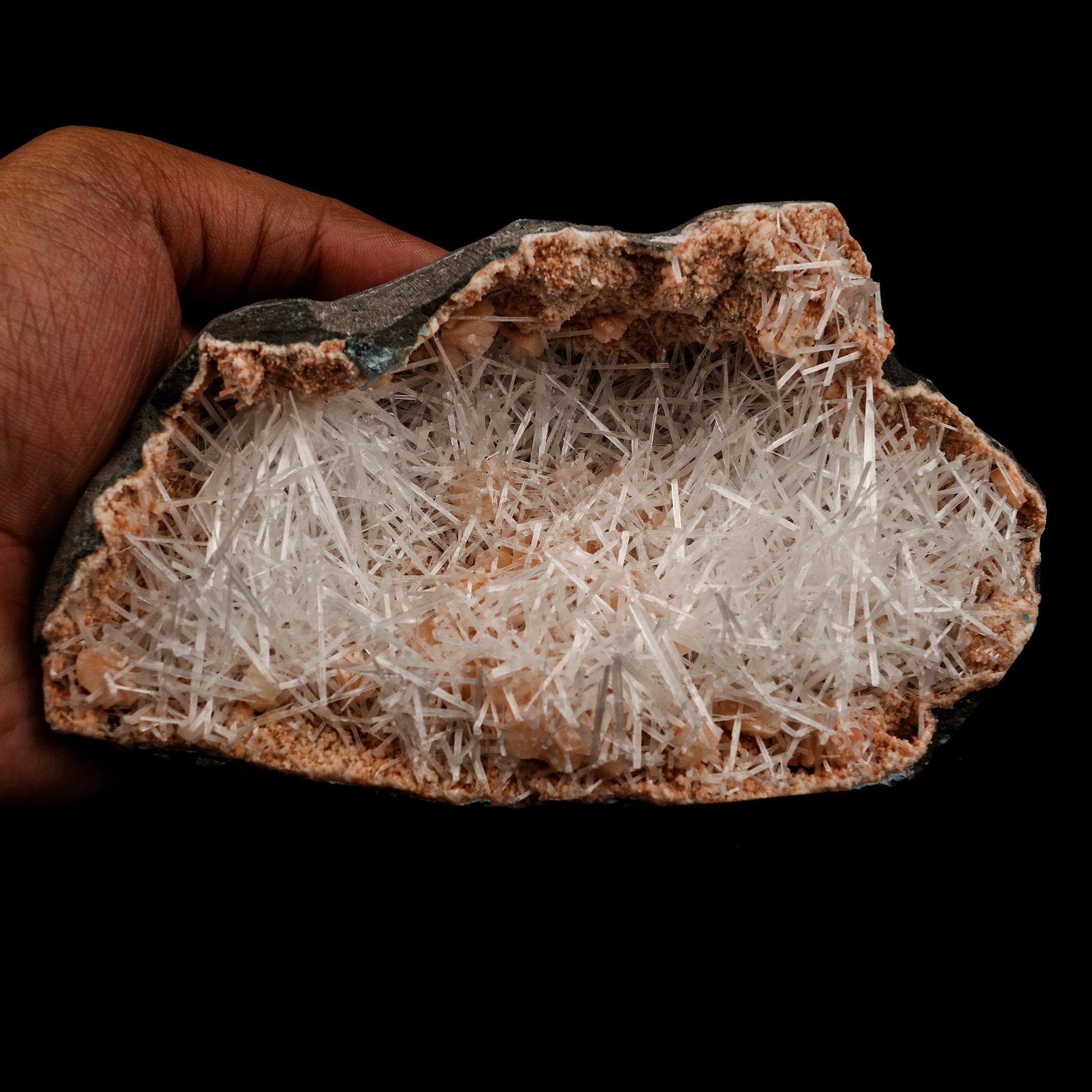 Scolecite Sprays Inside Heulandite Geode Natural Mineral Specimen # B…  https://www.superbminerals.us/products/scolecite-sprays-inside-heulandite-geode-natural-mineral-specimen-b-5071  Features: A big, free-standing Geode bordered with peach-colored Heulandite crystals and including two clusters of beige Stilbite crystals. The Geode is a three-dimensional object that is tall, thin, and deep. Very attractive and in great condition. Primary Mineral(s): ScoleciteSecondary Mineral(s): Heulandite
