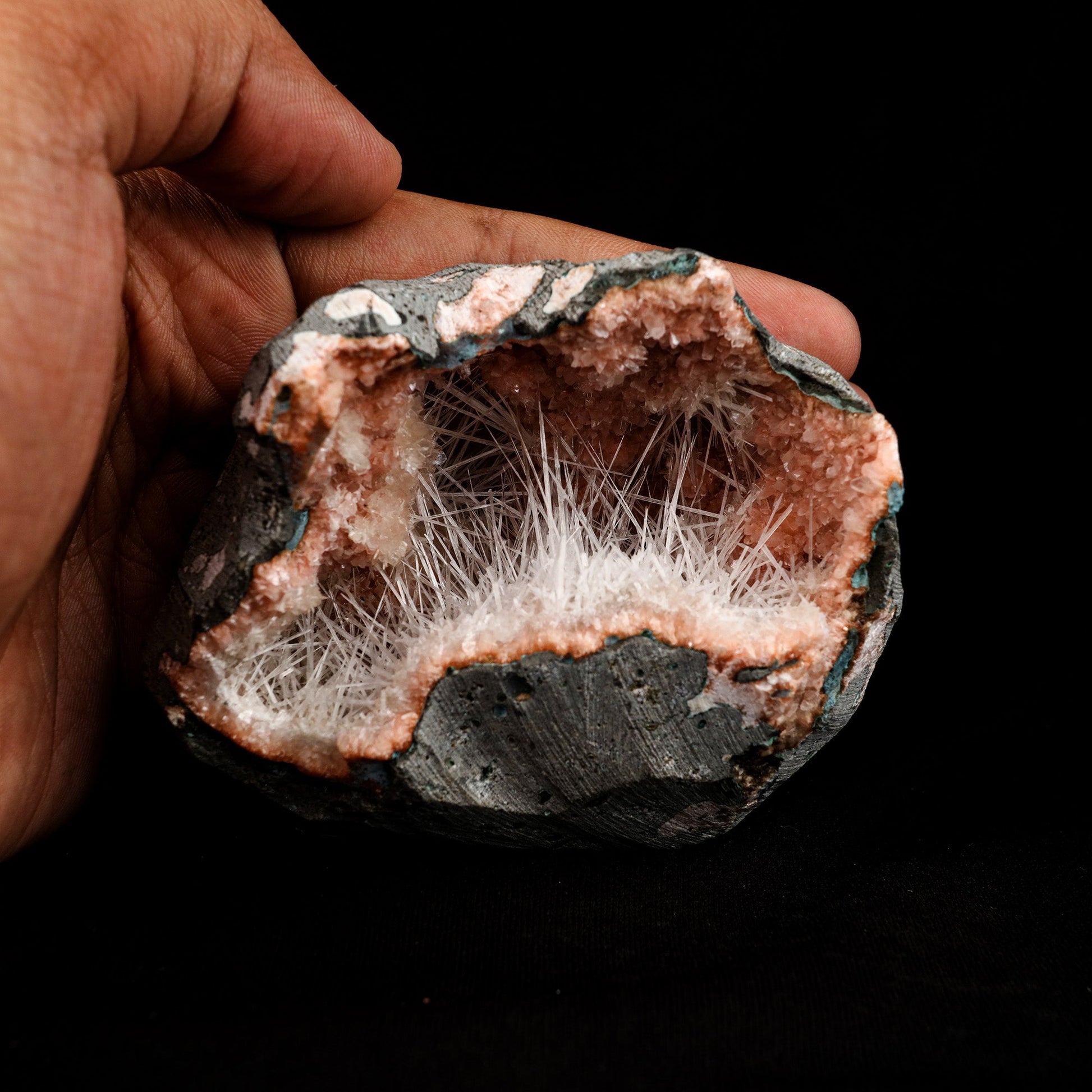 Scolecite Sprays Inside Heulandite Geode Natural Mineral Specimen # B…  https://www.superbminerals.us/products/scolecite-sprays-inside-heulandite-geode-natural-mineral-specimen-b-5089  Features: A big, free-standing Geode bordered with peach-colored Heulandite crystals and including two clusters of beige Stilbite crystals. The Geode is a three-dimensional object that is tall, thin, and deep. Very attractive and in great condition. Primary Mineral(s): Scolecite