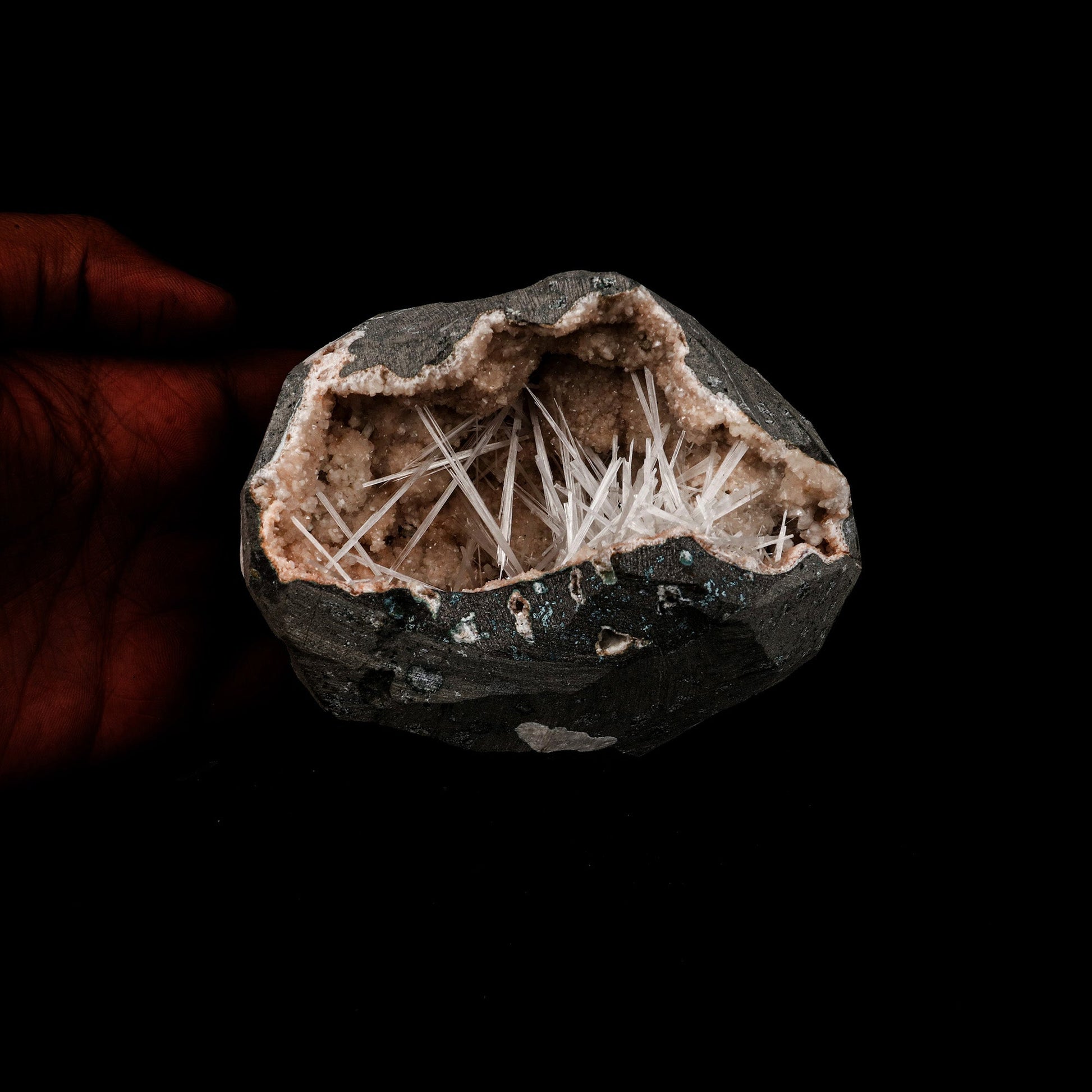 Scolecite Sprays Inside Heulandite Geode Natural Mineral Specimen # B…  https://www.superbminerals.us/products/scolecite-sprays-inside-heulandite-geode-natural-mineral-specimen-b-5264  Features: A geode contains milky white scolecite crystals on reddish heulandite matrix crystals. An unwanted piece of rock is removed by sawing. Primary Mineral(s): Scolecite Secondary Mineral(s): N/AMatrix: Heulandite 4 Inch x 4 InchWeight : 784 GmsLocality: Aurangabad, Maharashtra, India Year of Discovery: 2021
