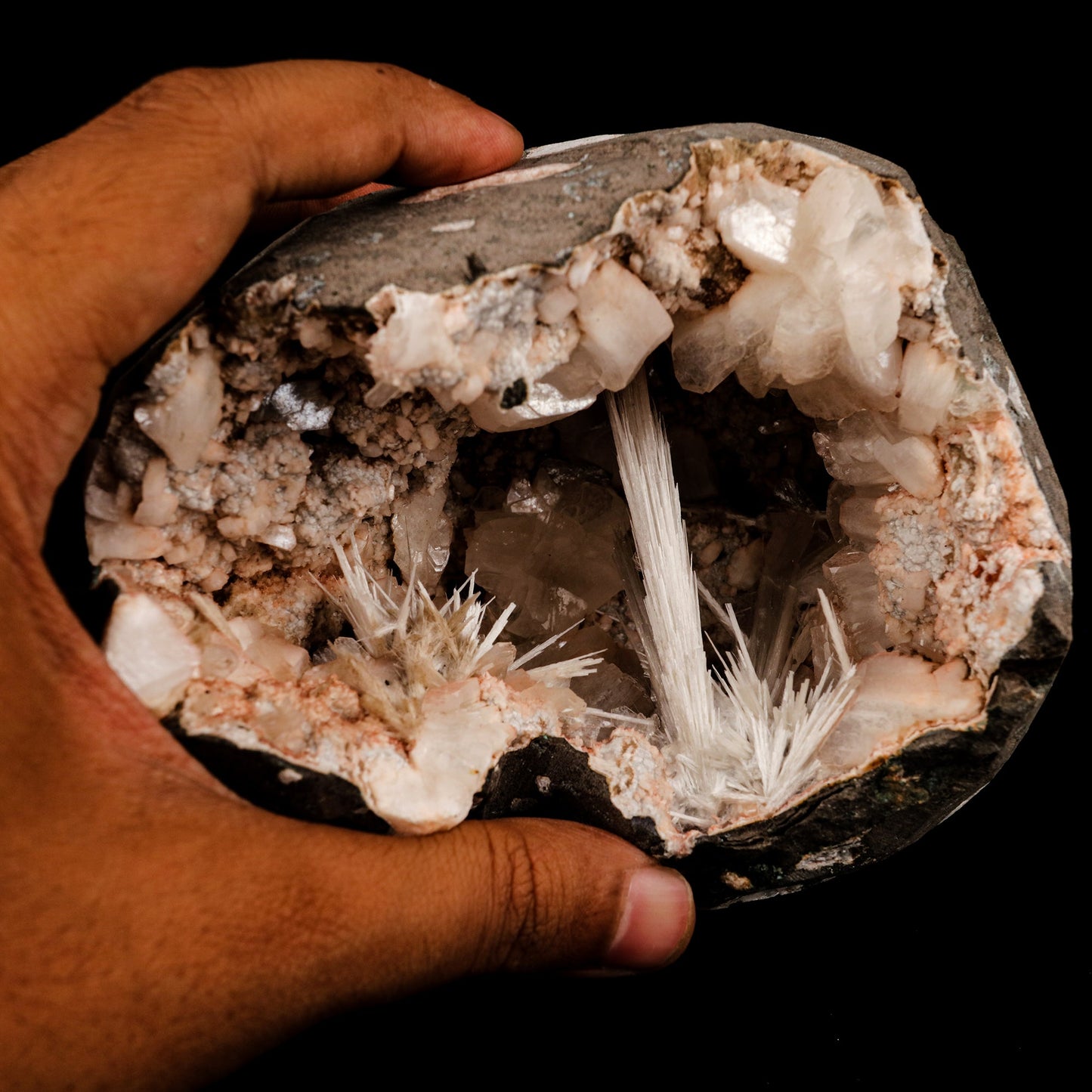 Scolecite Sprays Inside Heulandite Geode Natural Mineral Specimen # B 5812 Scolecite Superb Minerals 