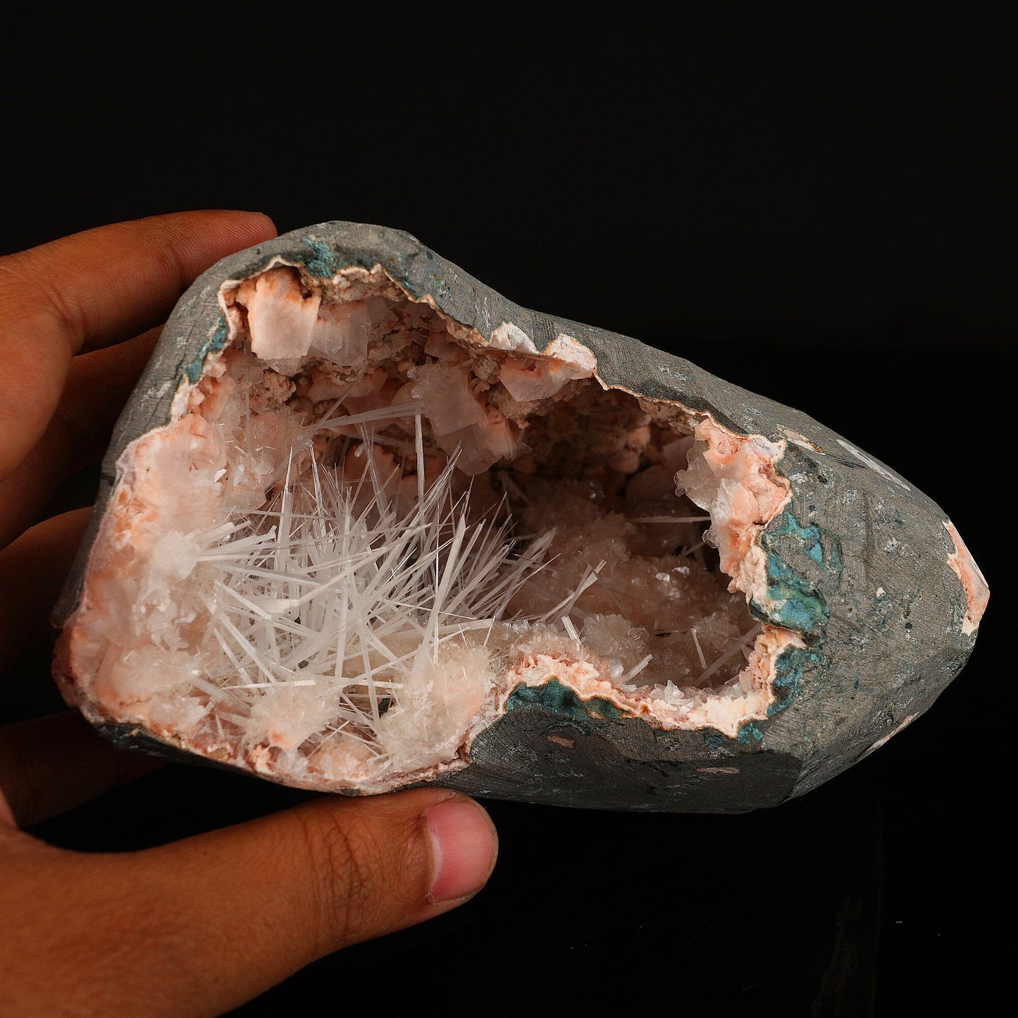 Scolecite Sprays Inside Heulandite Geode Natural Mineral Specimen # B 6603 Scolecite Superb Minerals 