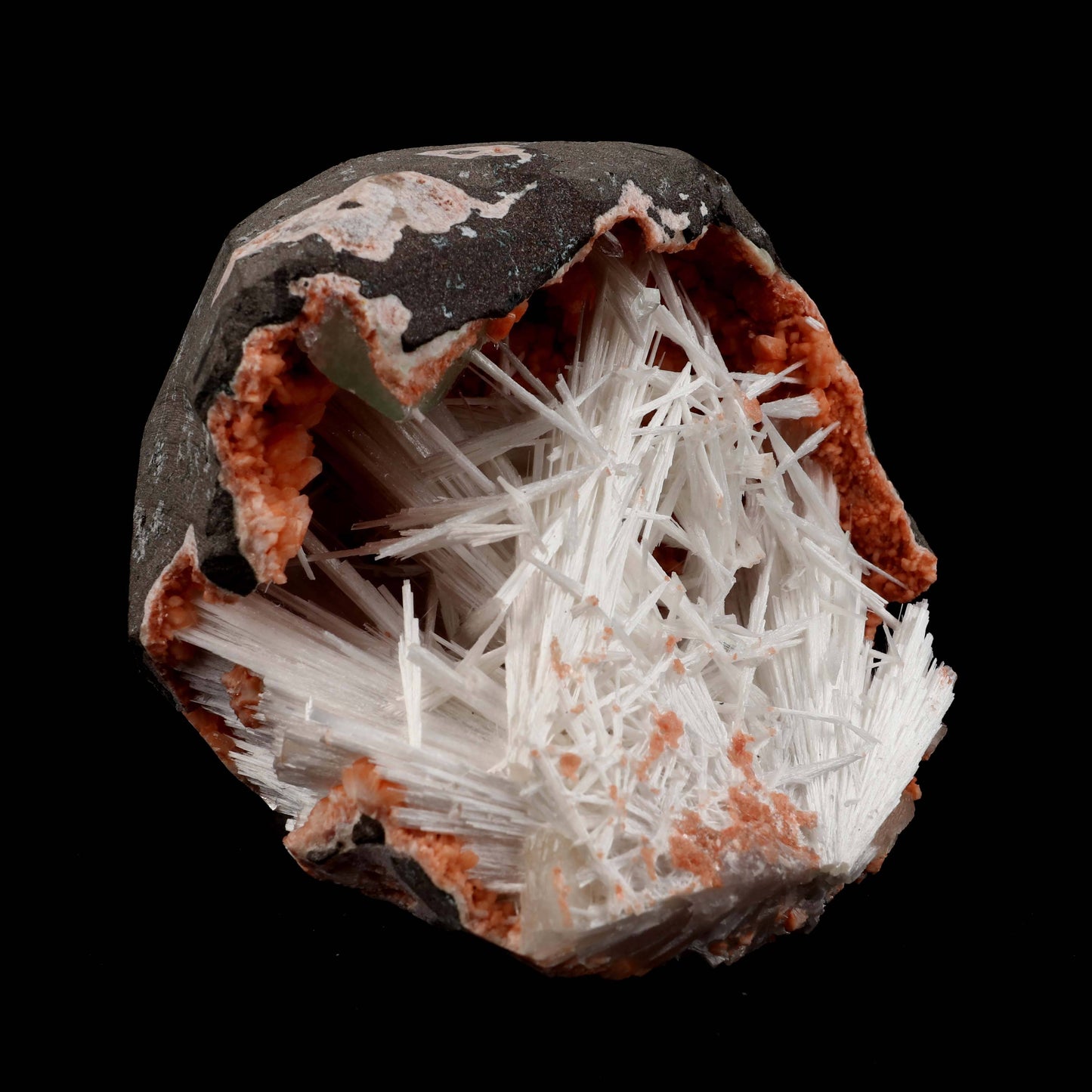 Scolecite Sprays Inside Heulandite Natural Mineral Specimen # B 4956  https://www.superbminerals.us/products/scolecite-sprays-inside-heulandite-natural-mineral-specimen-b-4956  Features:A dramatic spray of scolecite blades is elegantly arranged atop the enormous geode of heulandite on this spectacular and sculptural combination from recent finds at Aurangabad. The crystalline, shiny blades reach about and rest on contrasting iridescent lovely brown Heulandite. Primary Mineral(s): Scolecite