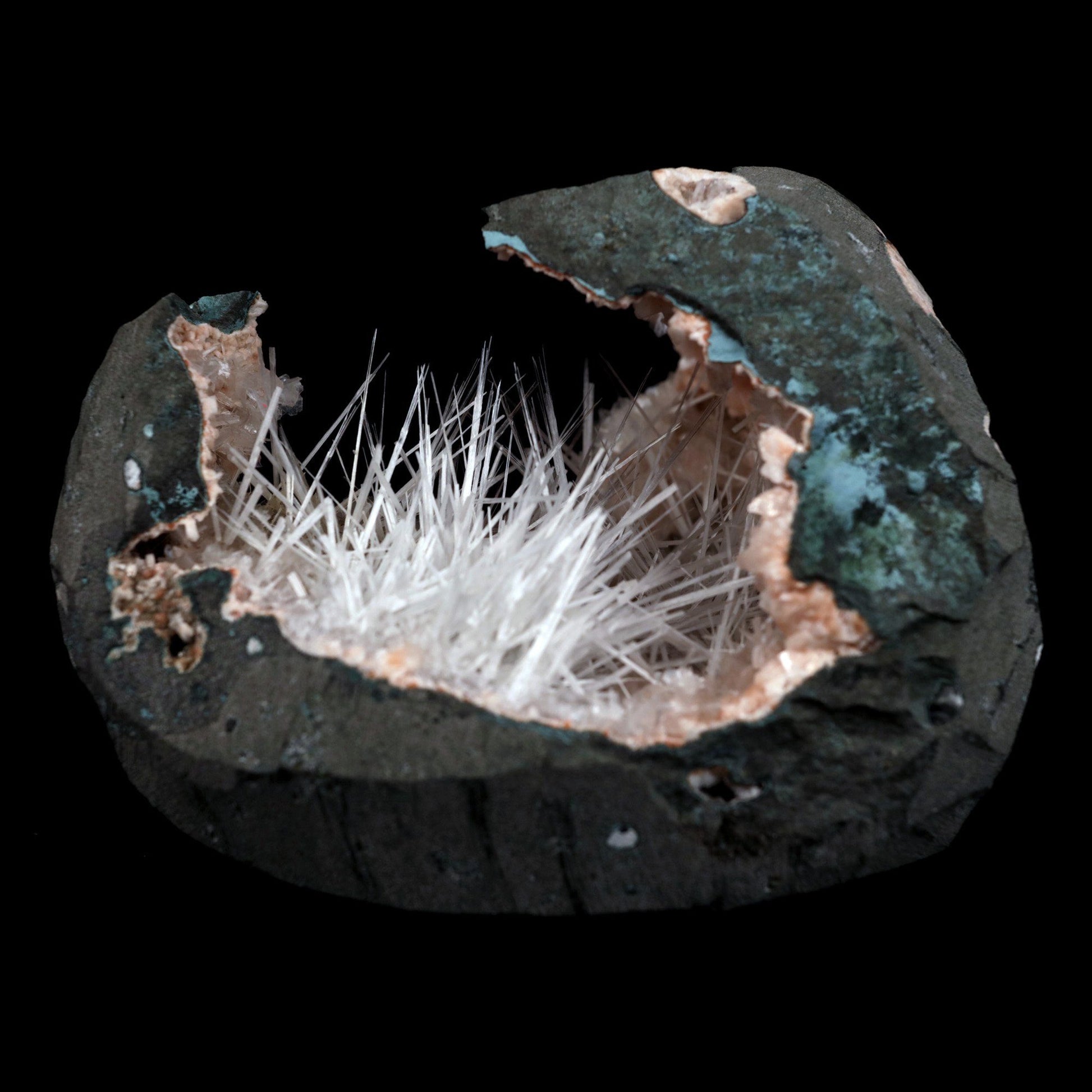 Scolecite Sprays Inside Heulandite See through Geode Natural Mineral S…  https://www.superbminerals.us/products/scolecite-sprays-inside-heulandite-see-through-geode-natural-mineral-specimen-b-4906  Features: A huge Geode with beige Heulandite crystals and a conspicuous radial spray of glossy, colourless, extremely transparent, acicular (needle-like) Scolecite crystals throughout, as well as numerous solitary Scolecite crystals. Simply breathtaking - the crystal structure, lustre, contrast, and symmetry 