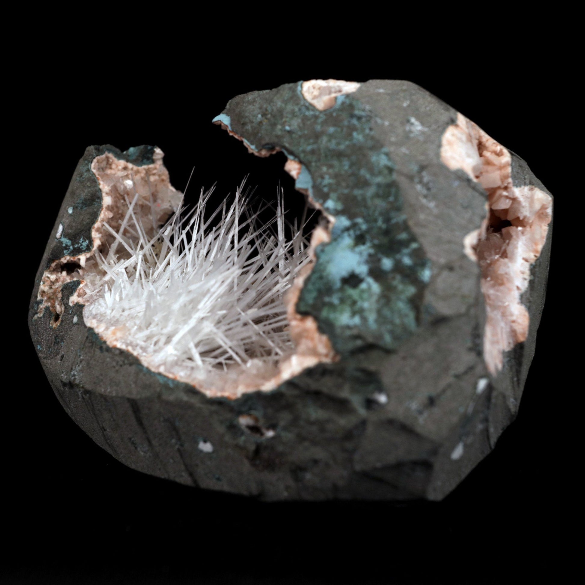 Scolecite Sprays Inside Heulandite See through Geode Natural Mineral S…  https://www.superbminerals.us/products/scolecite-sprays-inside-heulandite-see-through-geode-natural-mineral-specimen-b-4906  Features: A huge Geode with beige Heulandite crystals and a conspicuous radial spray of glossy, colourless, extremely transparent, acicular (needle-like) Scolecite crystals throughout, as well as numerous solitary Scolecite crystals. Simply breathtaking - the crystal structure, lustre, contrast, and symmetry 