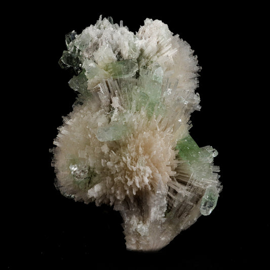 Scolecite Sprays with Green Apophyllite Natural Mineral Specimen # B …  https://www.superbminerals.us/products/scolecite-sprays-with-green-apophyllite-natural-mineral-specimen-b-5106  Features: Very rich porcupine quill spray of glassy scolecite needles is artistically set on the basalt matrix, which is covered with mint-green, frosted, Tetragonal Apophyllite crystals. Large combination material that is both outstanding and rare in today's market. Primary Mineral(s): Apophyllite