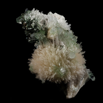 Scolecite Sprays with Green Apophyllite Natural Mineral Specimen # B …  https://www.superbminerals.us/products/scolecite-sprays-with-green-apophyllite-natural-mineral-specimen-b-5106  Features: Very rich porcupine quill spray of glassy scolecite needles is artistically set on the basalt matrix, which is covered with mint-green, frosted, Tetragonal Apophyllite crystals. Large combination material that is both outstanding and rare in today's market. Primary Mineral(s): Apophyllite