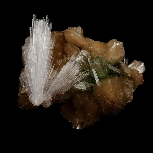 Scolecite Sprays with Green Apophyllite on Stilbite Natural Mineral Sp…  https://www.superbminerals.us/products/scolecite-sprays-with-green-apophyllite-on-stilbite-natural-mineral-specimen-b-5250  Features: A group of thin scolecite crystals with an elongated prism and transparence in the terminal crystal area. They form radial aggregates penetrating apophyllite crystals and disposed randomly. There are tetragonal prisms and a few pyramidal faces on the top and base, along with great luster 