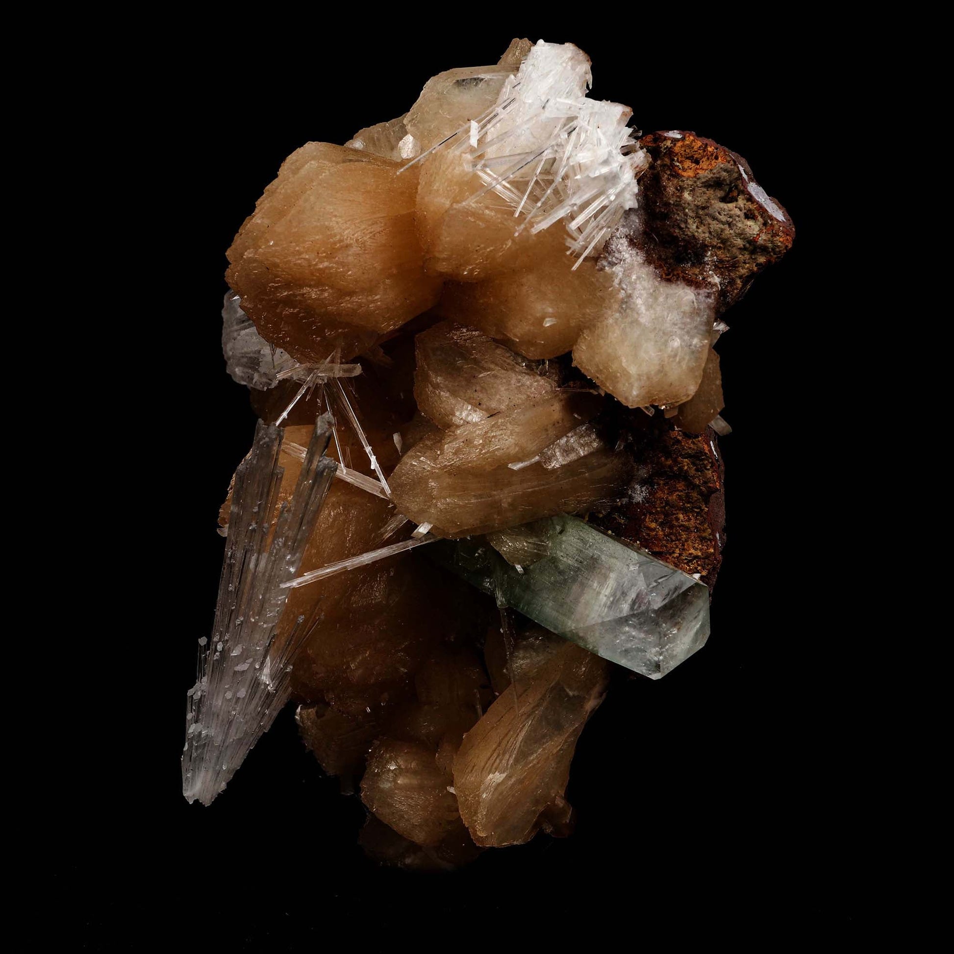 Scolecite Sprays with Green Apophyllite Sitlbite Natural Mineral Speci…  https://www.superbminerals.us/products/scolecite-sprays-with-green-apophyllite-sitlbite-natural-mineral-specimen-b-5189  Features: A very aesthetic combination piece featuring numerous large, lustrous green modified cubes on a dark-brown matrix hosting numerous acicular sprays of colorless to white, satiny Scolecite Primary Mineral(s): Scolecite