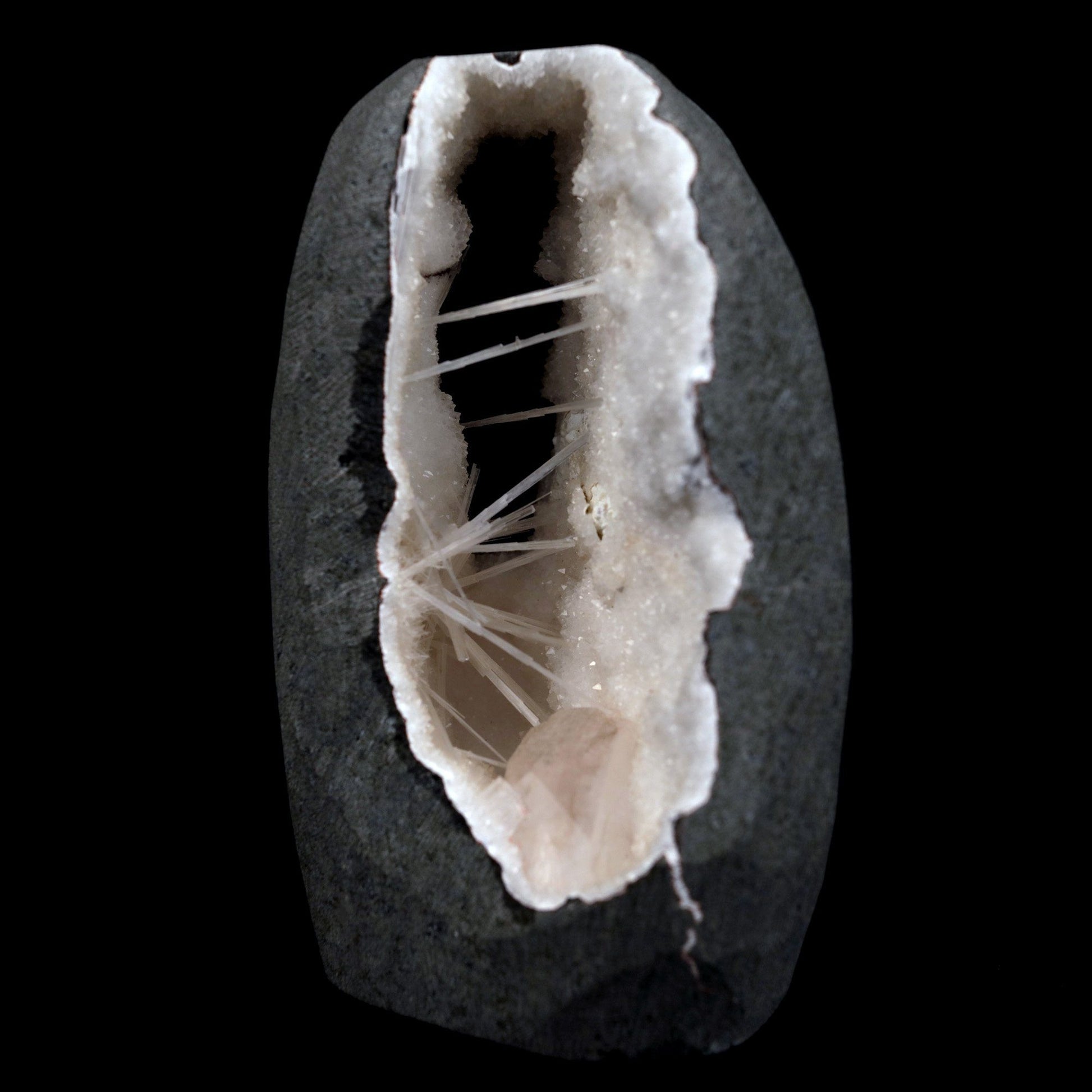 Scolecite Sprays with Heulandite Inside MM Quartz Natural Mineral Spec…  https://www.superbminerals.us/products/scolecite-sprays-with-heulandite-inside-mm-quartz-natural-mineral-specimen-b-4808  Features: A huge Geode with beige Heulandite crystals and a conspicuous radial spray of glossy, colourless, extremely transparent, acicular (needle-like) Scolecite crystals throughout, as well as numerous solitary Scolecite crystals. Simply breathtaking - the crystal structure, lustre, contrast, and symmetry