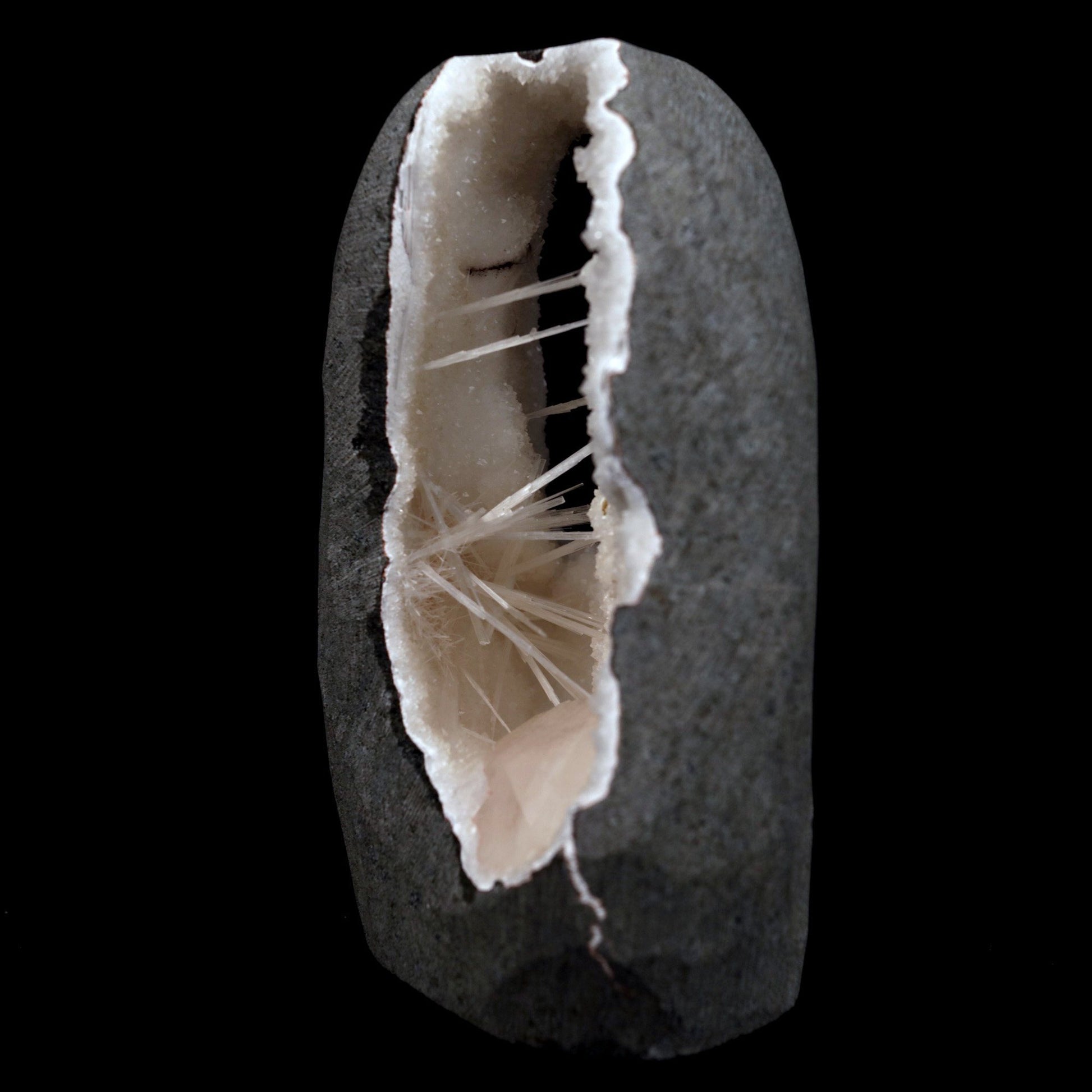Scolecite Sprays with Heulandite Inside MM Quartz Natural Mineral Spec…  https://www.superbminerals.us/products/scolecite-sprays-with-heulandite-inside-mm-quartz-natural-mineral-specimen-b-4808  Features: A huge Geode with beige Heulandite crystals and a conspicuous radial spray of glossy, colourless, extremely transparent, acicular (needle-like) Scolecite crystals throughout, as well as numerous solitary Scolecite crystals. Simply breathtaking - the crystal structure, lustre, contrast, and symmetry