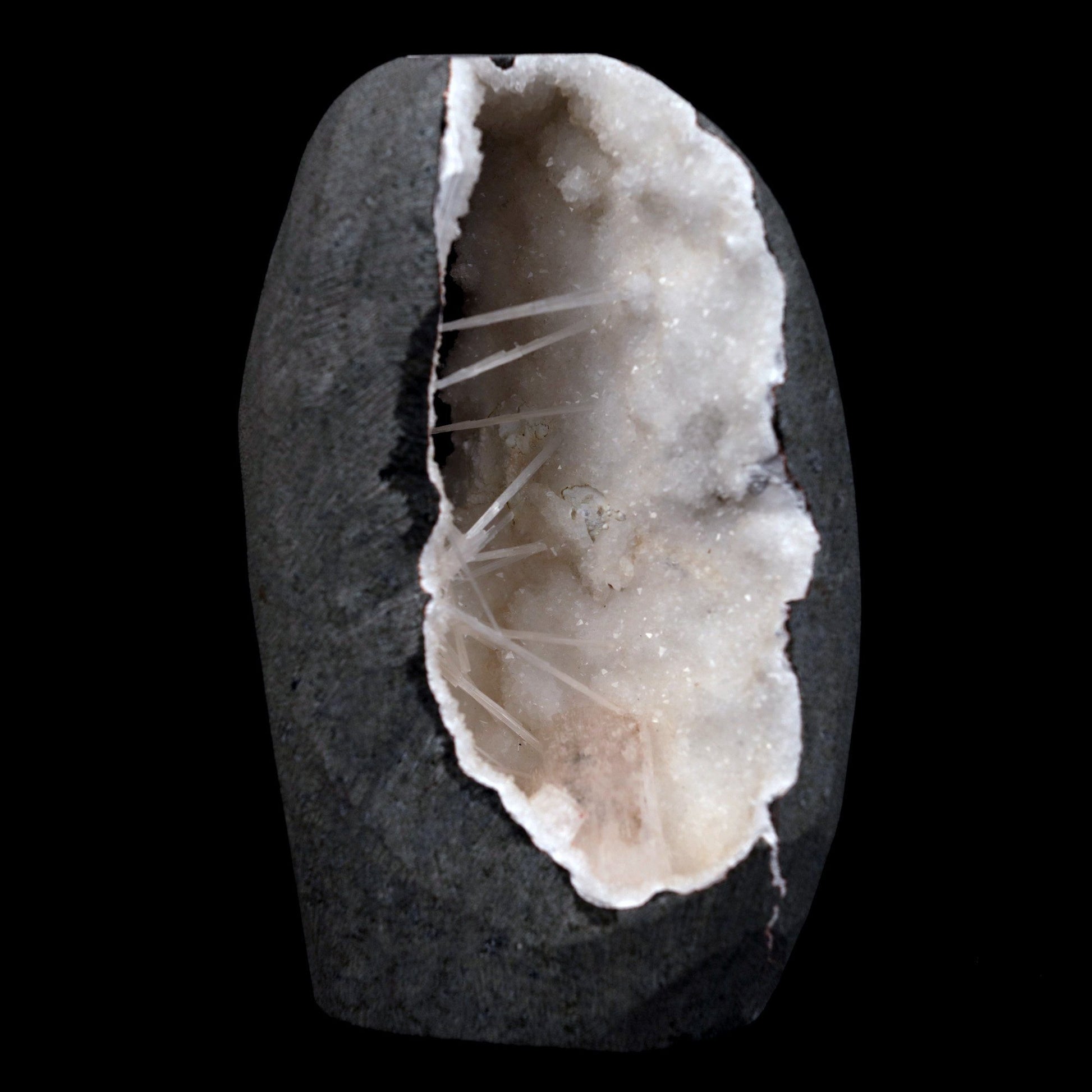 Scolecite Sprays with Heulandite Inside MM Quartz Natural Mineral Spec…  https://www.superbminerals.us/products/scolecite-sprays-with-heulandite-inside-mm-quartz-natural-mineral-specimen-b-4808  Features: A huge Geode with beige Heulandite crystals and a conspicuous radial spray of glossy, colourless, extremely transparent, acicular (needle-like) Scolecite crystals throughout, as well as numerous solitary Scolecite crystals. Simply breathtaking - the crystal structure, lustre, contrast, and symmetry