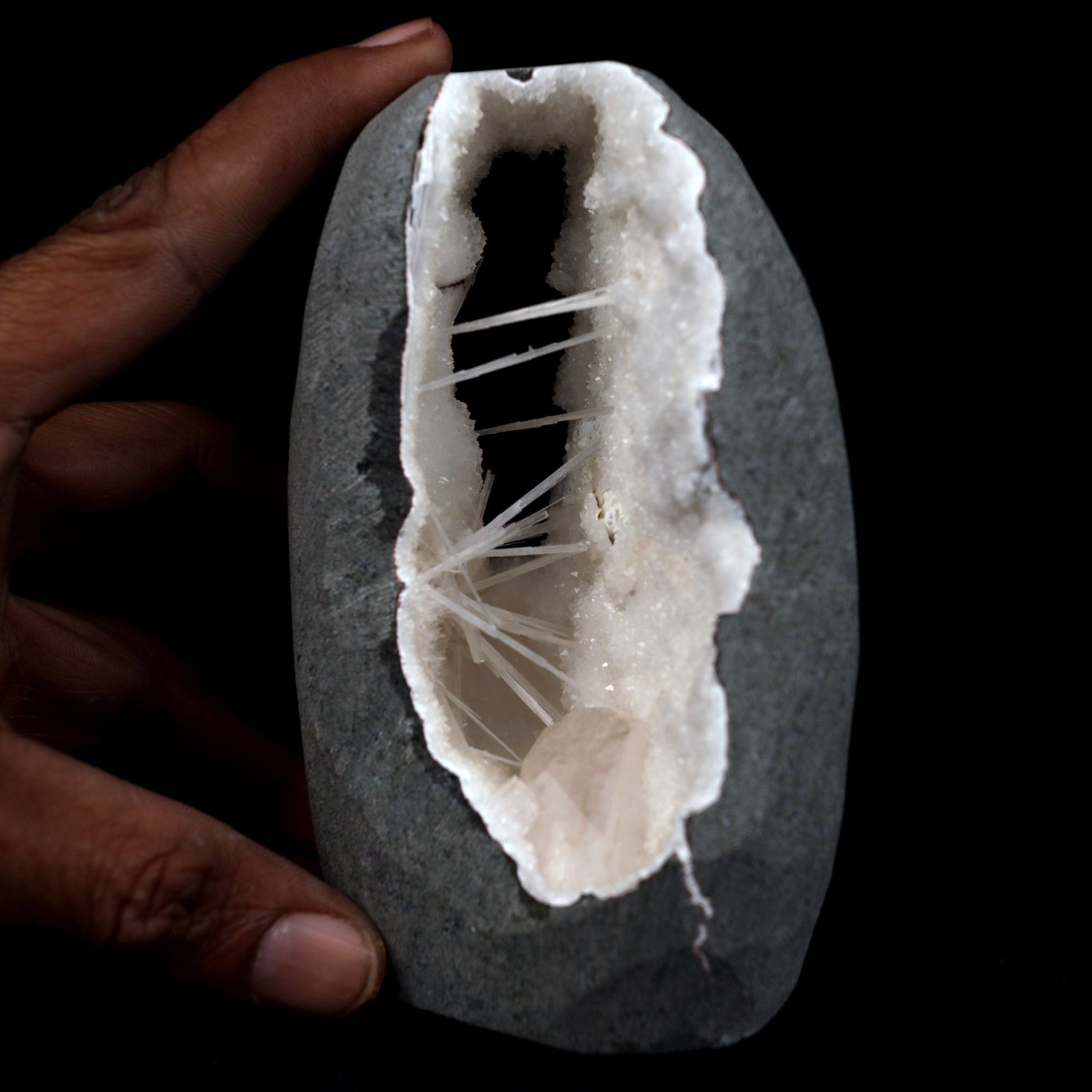 Scolecite Sprays with Heulandite Inside MM Quartz Natural Mineral Spec…  https://www.superbminerals.us/products/scolecite-sprays-with-heulandite-inside-mm-quartz-natural-mineral-specimen-b-4808  Features: A huge Geode with beige Heulandite crystals and a conspicuous radial spray of glossy, colourless, extremely transparent, acicular (needle-like) Scolecite crystals throughout, as well as numerous solitary Scolecite crystals. Simply breathtaking - the crystal structure, lustre, contrast, and symmetry