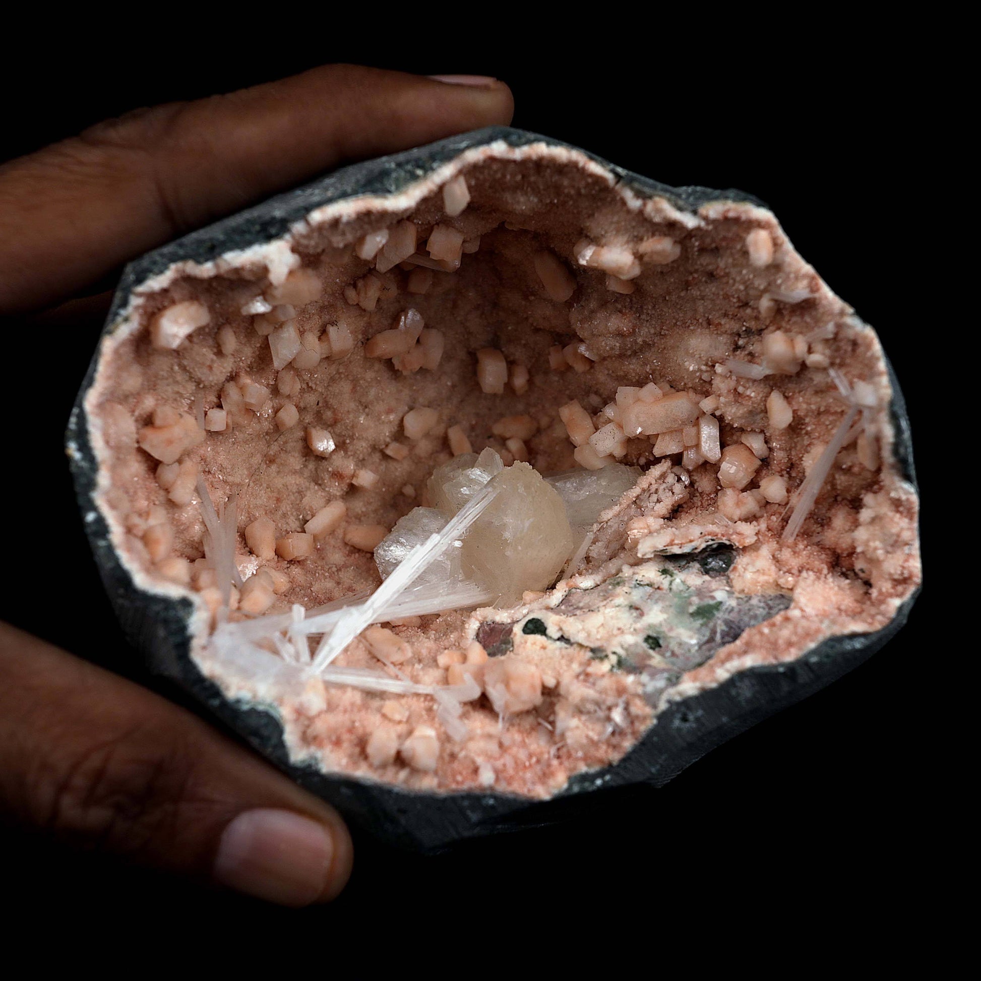 Scolecite Sprays with Inside Heulandite Geode Natural Mineral Specimen…  https://www.superbminerals.us/products/scolecite-sprays-with-inside-heulandite-geode-natural-mineral-specimen-b-4539  Features:Scolecite radial aggregate in a thin crystal-lined vug. The artwork was a bit tough to shoot, but in person, it is much more impressive. They will go down in history as the greatest minerals ever unearthed, because many of them are the FINEST crystallised specimens of their own species anywhere on the globe. 