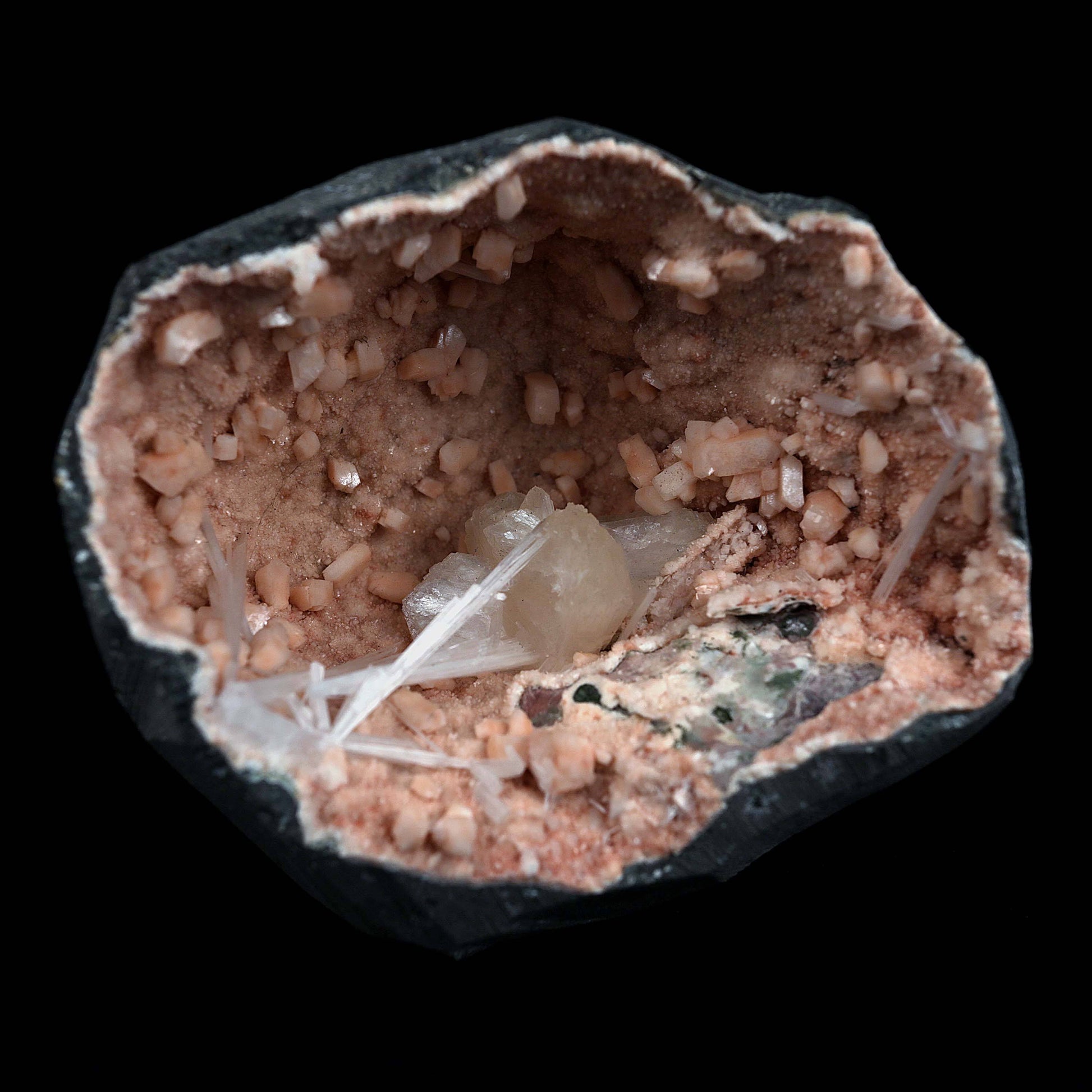 Scolecite Sprays with Inside Heulandite Geode Natural Mineral Specimen…  https://www.superbminerals.us/products/scolecite-sprays-with-inside-heulandite-geode-natural-mineral-specimen-b-4539  Features:Scolecite radial aggregate in a thin crystal-lined vug. The artwork was a bit tough to shoot, but in person, it is much more impressive. They will go down in history as the greatest minerals ever unearthed, because many of them are the FINEST crystallised specimens of their own species anywhere on the globe. 