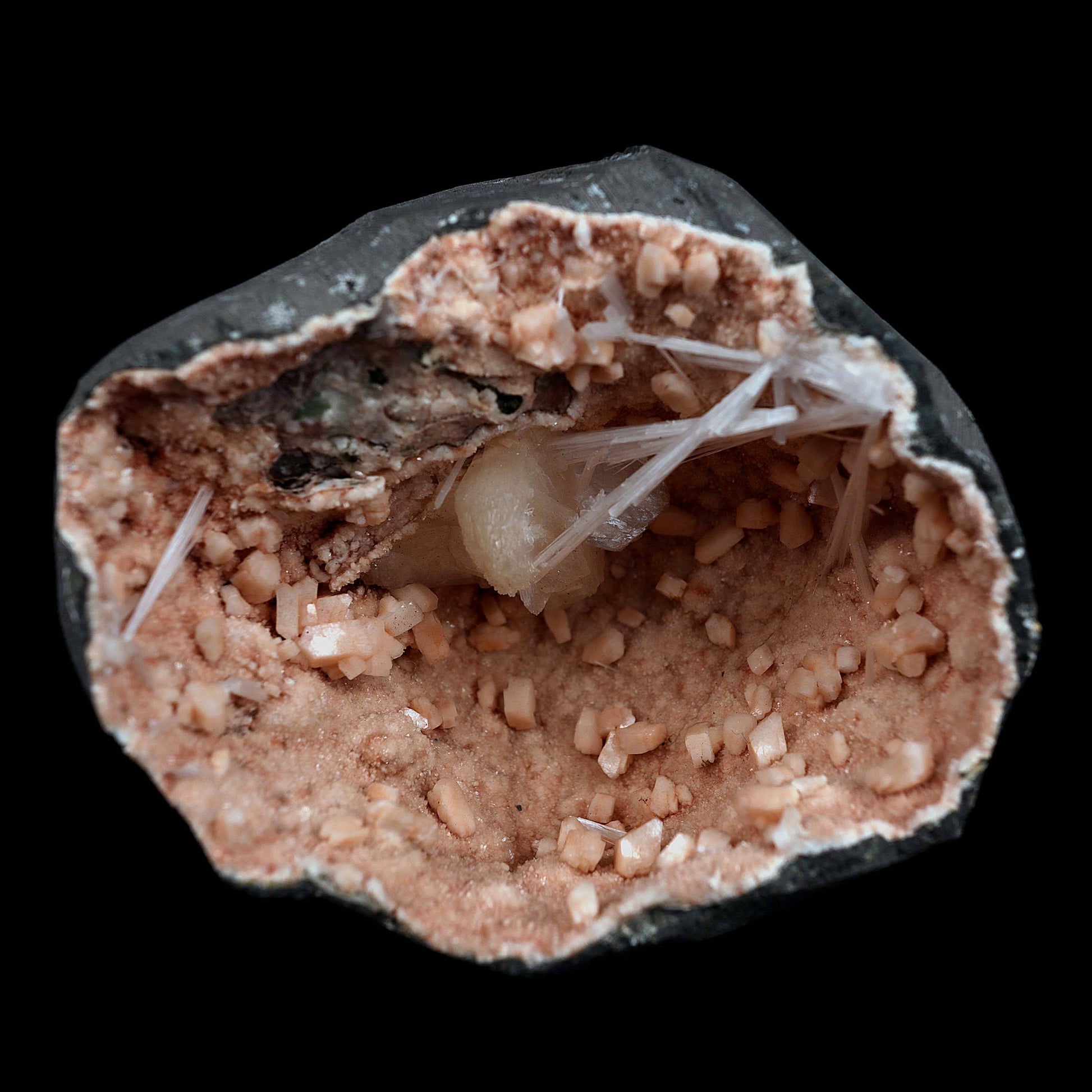 Scolecite Sprays with Inside Heulandite Geode Natural Mineral Specimen…  https://www.superbminerals.us/products/scolecite-sprays-with-inside-heulandite-geode-natural-mineral-specimen-b-4539  Features:Scolecite radial aggregate in a thin crystal-lined vug. The artwork was a bit tough to shoot, but in person, it is much more impressive. They will go down in history as the greatest minerals ever unearthed, because many of them are the FINEST crystallised specimens of their own species anywhere on the globe. 