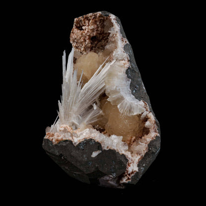 Scolecite Sprays with Stilbite Inside Heulandite Geode Natural Mineral…  https://www.superbminerals.us/products/scolecite-sprays-with-stilbite-inside-heulandite-geode-natural-mineral-specimen-b-4941  Features:A radial aggregation of scolecite in a narrow crystal-lined vug. The artwork was difficult to photograph, but it is even more striking in person. Because several of them are the FINEST crystallised examples of their own species anywhere on the planet, they will go down in history as the finest minerals