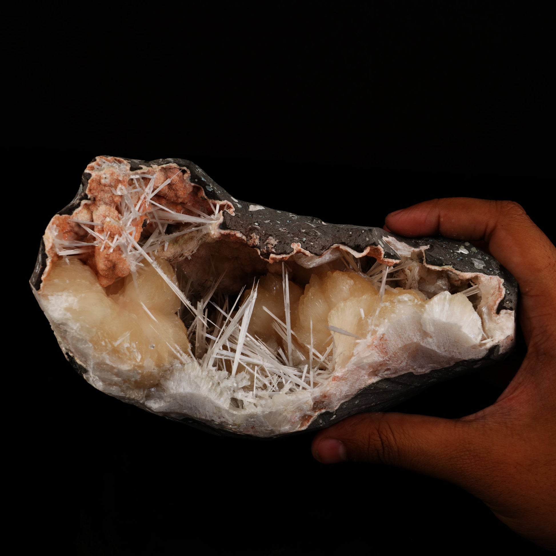 Scolecite Sprays with stilbite Inside Heulandite Geode Natural Mineral Specimen # B 5602 Scolecite Superb Minerals 