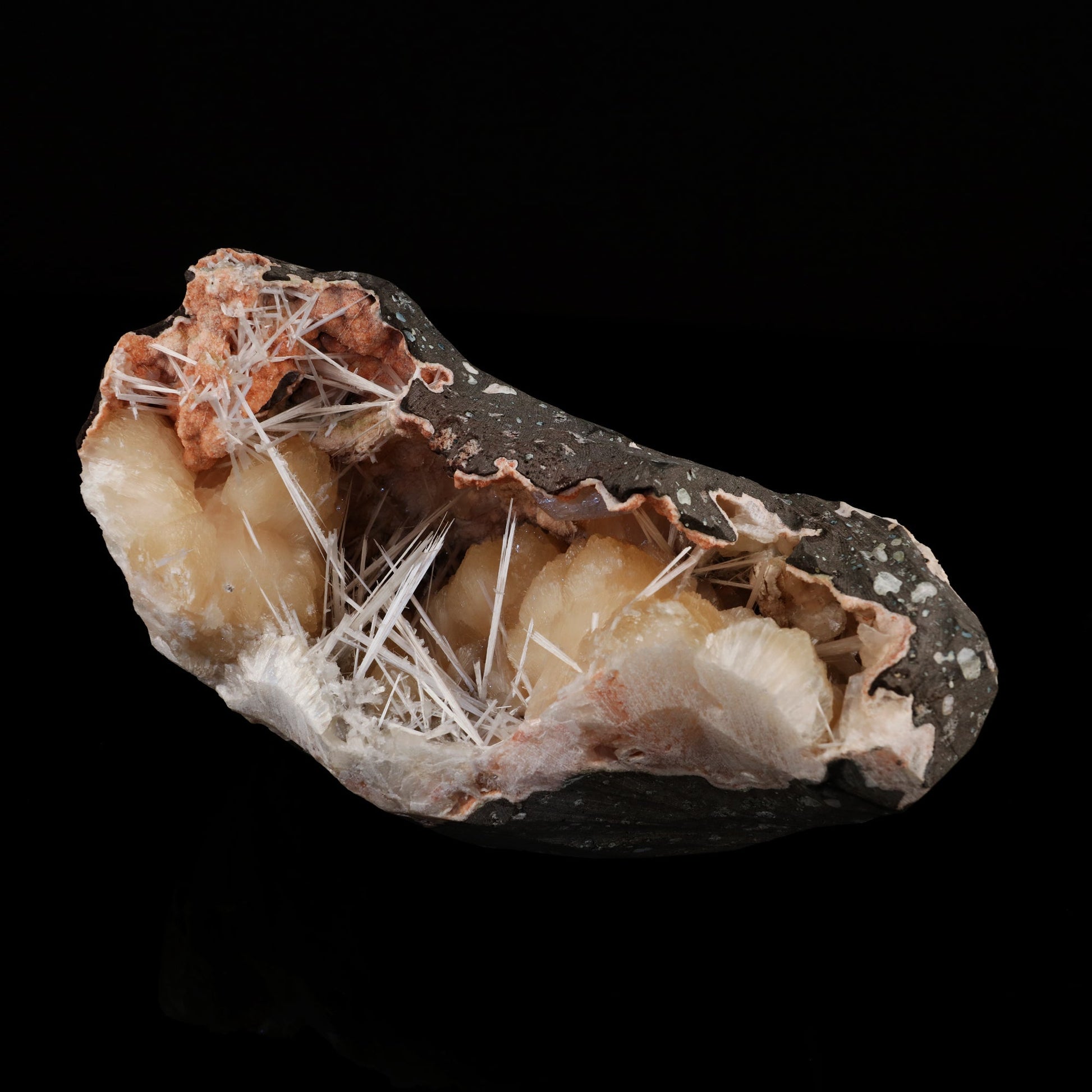 Scolecite Sprays with stilbite Inside Heulandite Geode Natural Mineral Specimen # B 5602 Scolecite Superb Minerals 