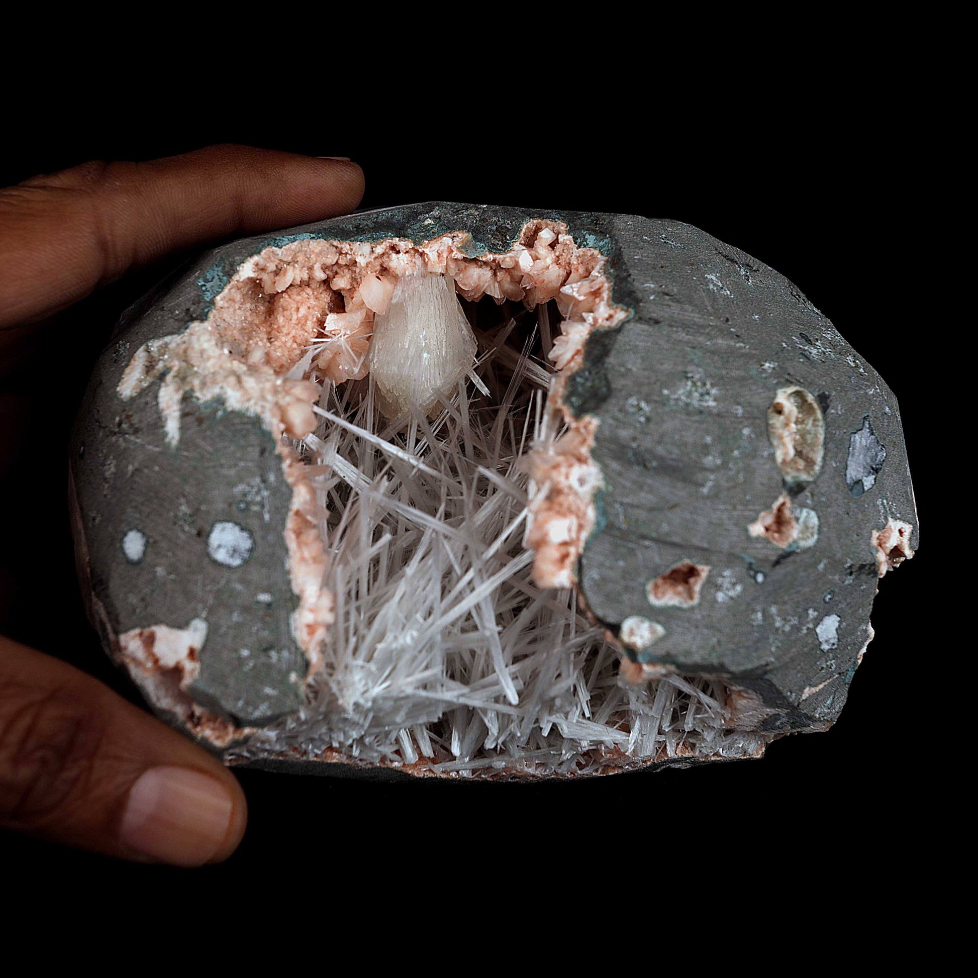 Scolecite With Stilbite Inside Heulandite Geode Natural Mineral Specim…  https://www.superbminerals.us/products/scolecite-with-stilbite-inside-heulandite-geode-natural-mineral-specimen-b-4543  Features:A huge Geode with beige Heulandite crystals and a conspicuous radial spray of glossy, colourless, extremely transparent, acicular (needle-like) Scolecite crystals throughout, as well as numerous solitary Scolecite crystals. Simply breathtaking - the crystal structure, lustre, contrast, and symmetry 