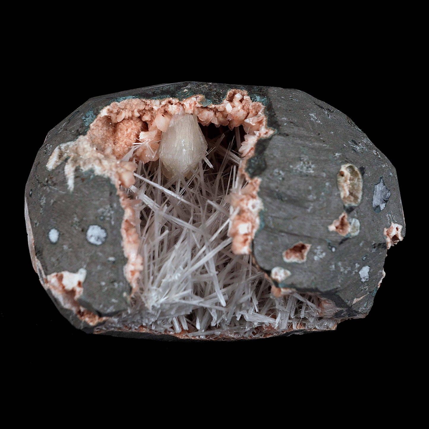 Scolecite With Stilbite Inside Heulandite Geode Natural Mineral Specim…  https://www.superbminerals.us/products/scolecite-with-stilbite-inside-heulandite-geode-natural-mineral-specimen-b-4543  Features:A huge Geode with beige Heulandite crystals and a conspicuous radial spray of glossy, colourless, extremely transparent, acicular (needle-like) Scolecite crystals throughout, as well as numerous solitary Scolecite crystals. Simply breathtaking - the crystal structure, lustre, contrast, and symmetry 