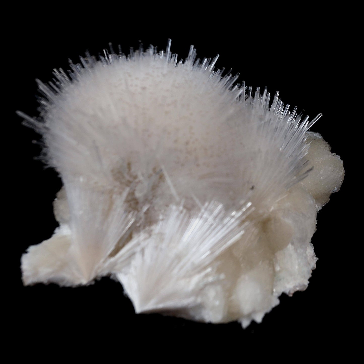 Scoleicte On Stilbite # B 4358  https://www.superbminerals.us/products/scoleicte-on-stilbite-b-4358  Features:A stunning specimen featuring a large, hemispherical formation of colorless, transparent, lustrous acicular Scolecite crystals on peach-colored Stilbite. An amazing piece with superb crystal formation, contrast, luster and contrast. In excellent condition. A great addition to any collection.
