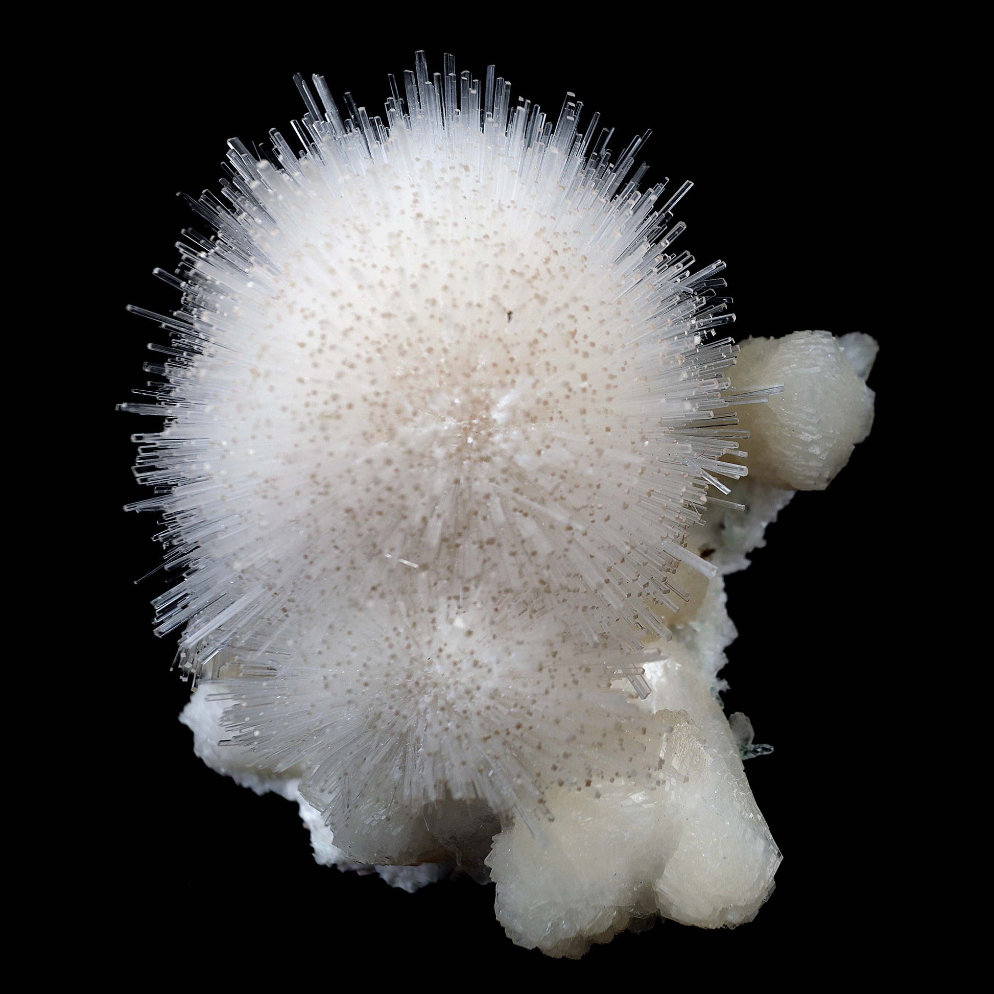 Scoleicte On Stilbite # B 4358  https://www.superbminerals.us/products/scoleicte-on-stilbite-b-4358  Features:A stunning specimen featuring a large, hemispherical formation of colorless, transparent, lustrous acicular Scolecite crystals on peach-colored Stilbite. An amazing piece with superb crystal formation, contrast, luster and contrast. In excellent condition. A great addition to any collection.