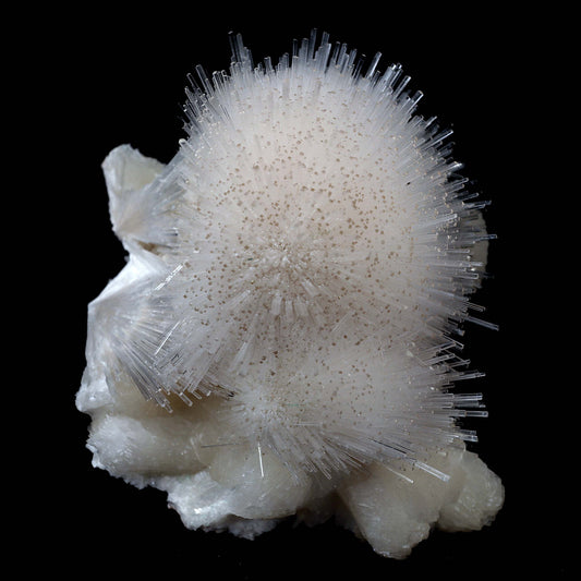 Scoleicte On Stilbite # B 4358  https://www.superbminerals.us/products/scoleicte-on-stilbite-b-4358  Features:A stunning specimen featuring a large, hemispherical formation of colorless, transparent, lustrous acicular Scolecite crystals on peach-colored Stilbite. An amazing piece with superb crystal formation, contrast, luster and contrast. In excellent condition. A great addition to any collection.