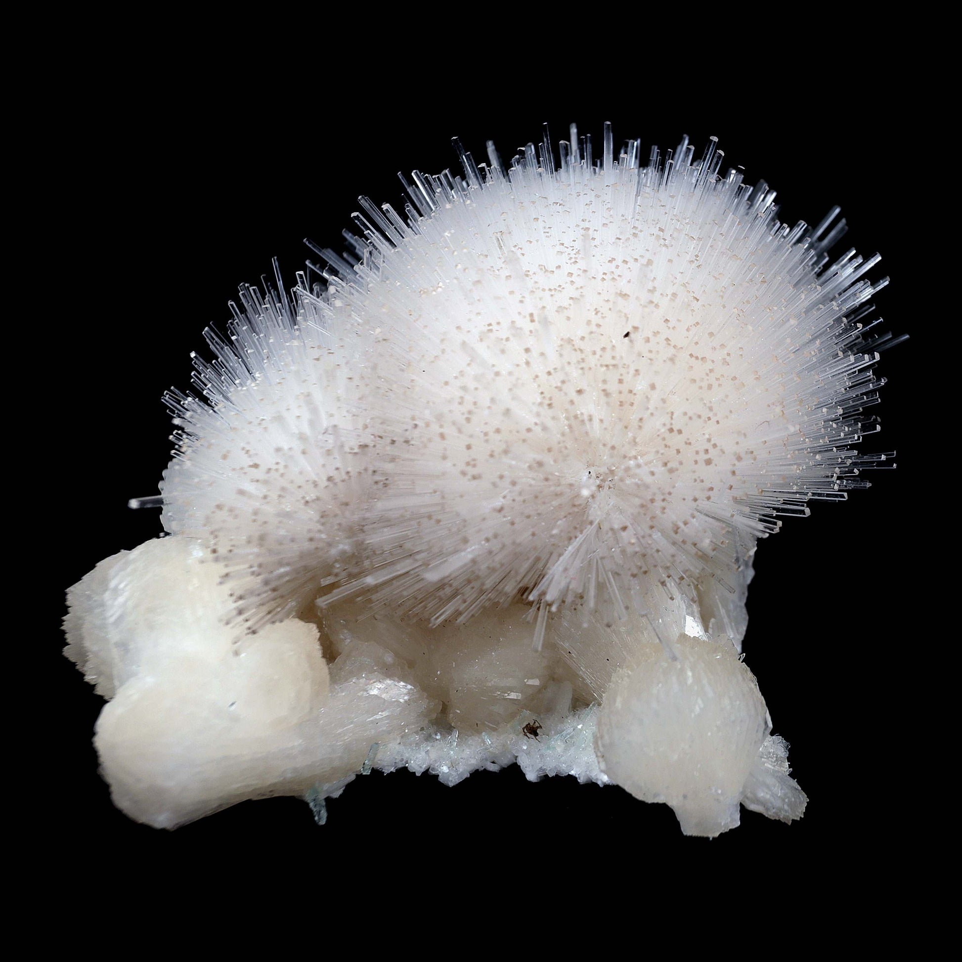 Scoleicte On Stilbite # B 4358  https://www.superbminerals.us/products/scoleicte-on-stilbite-b-4358  Features:A stunning specimen featuring a large, hemispherical formation of colorless, transparent, lustrous acicular Scolecite crystals on peach-colored Stilbite. An amazing piece with superb crystal formation, contrast, luster and contrast. In excellent condition. A great addition to any collection.