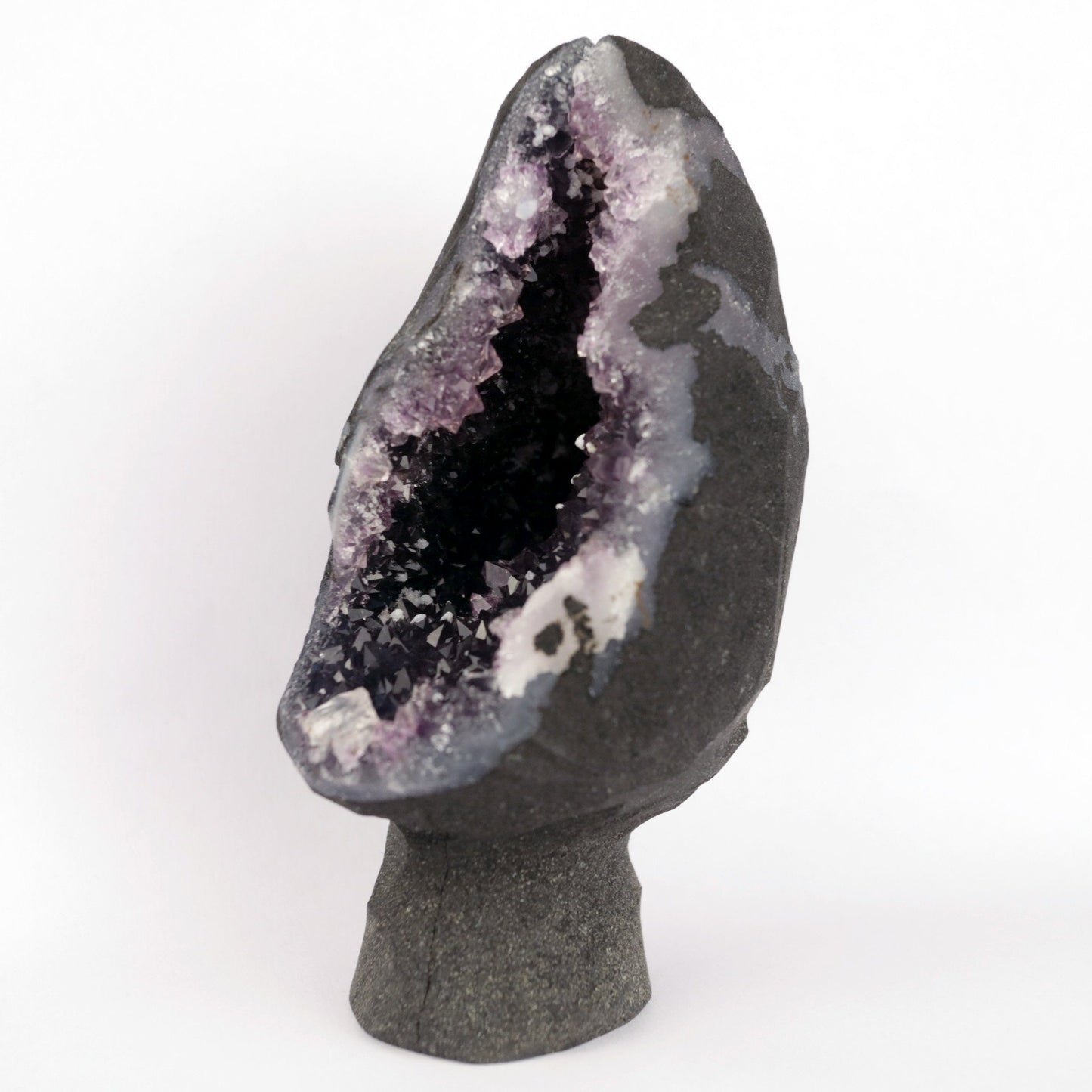 Sparkling Amethyst Geode Natural Mineral Specimen # B 4710  https://www.superbminerals.us/products/sparkling-amethyst-geode-natural-mineral-specimen-b-4710  Features: A very large plate of lustrous, large deep-purple Amethyst crystals with two clusters (one large and one smaller) of highly translucent, colorless, intergrown parallel “nailhead spar” crystals emanating from the center of the plate of Amethyst. It is incredible! Amazing color, luster, symmetry 